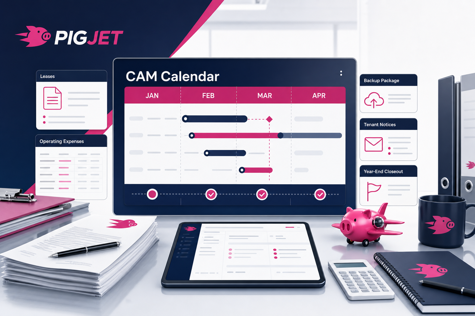 PigJet CAM reconciliation calendar dashboard with NNN lease, operating expense, backup package, tenant notice, and year-end closeout cards.