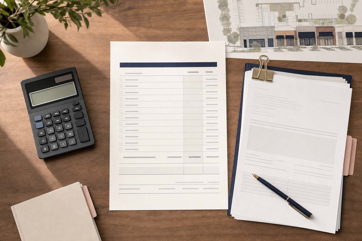 Commercial property expense ledger, calculator, and lease paperwork prepared for a CAM reconciliation