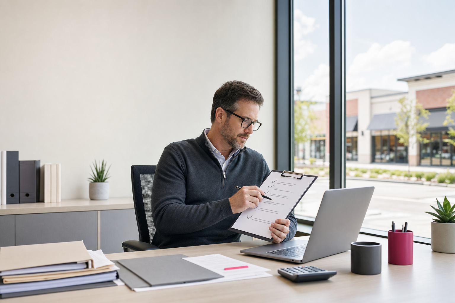 Commercial retail property manager reviewing a CAM reconciliation checklist with lease papers, vendor invoices, calculator, and storefront plans on a desk.