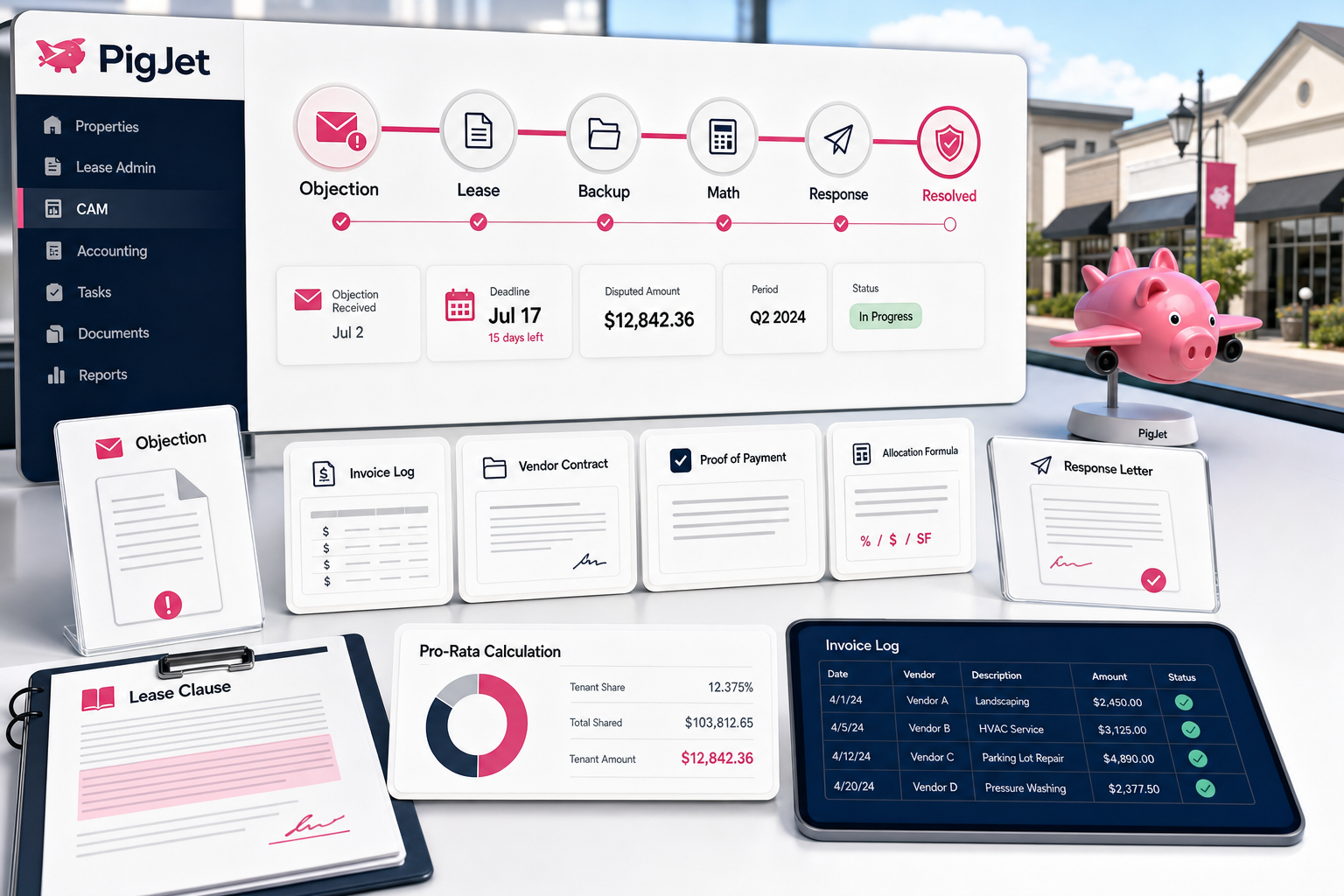 PigJet CAM dispute response workspace showing a tenant objection letter, lease clause support, invoice backup, pro-rata math, and reply status.