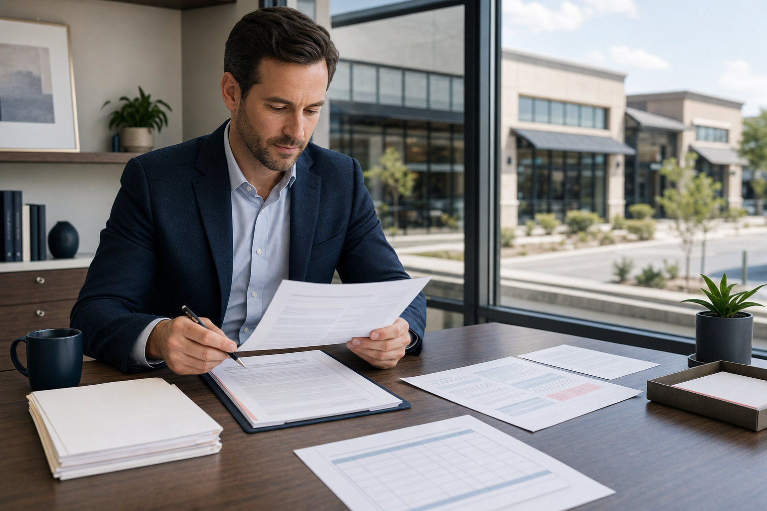 Commercial property manager reviewing an organized CAM reconciliation package with a lease, expense support, and allocation worksheet.