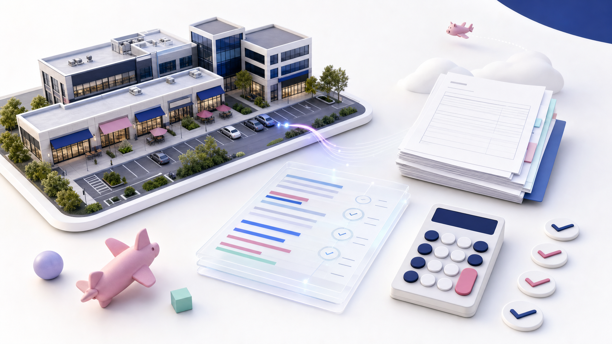 Commercial property CAM reconciliation workspace with a building model, organized reconciliation papers, calculator, and checklist markers.