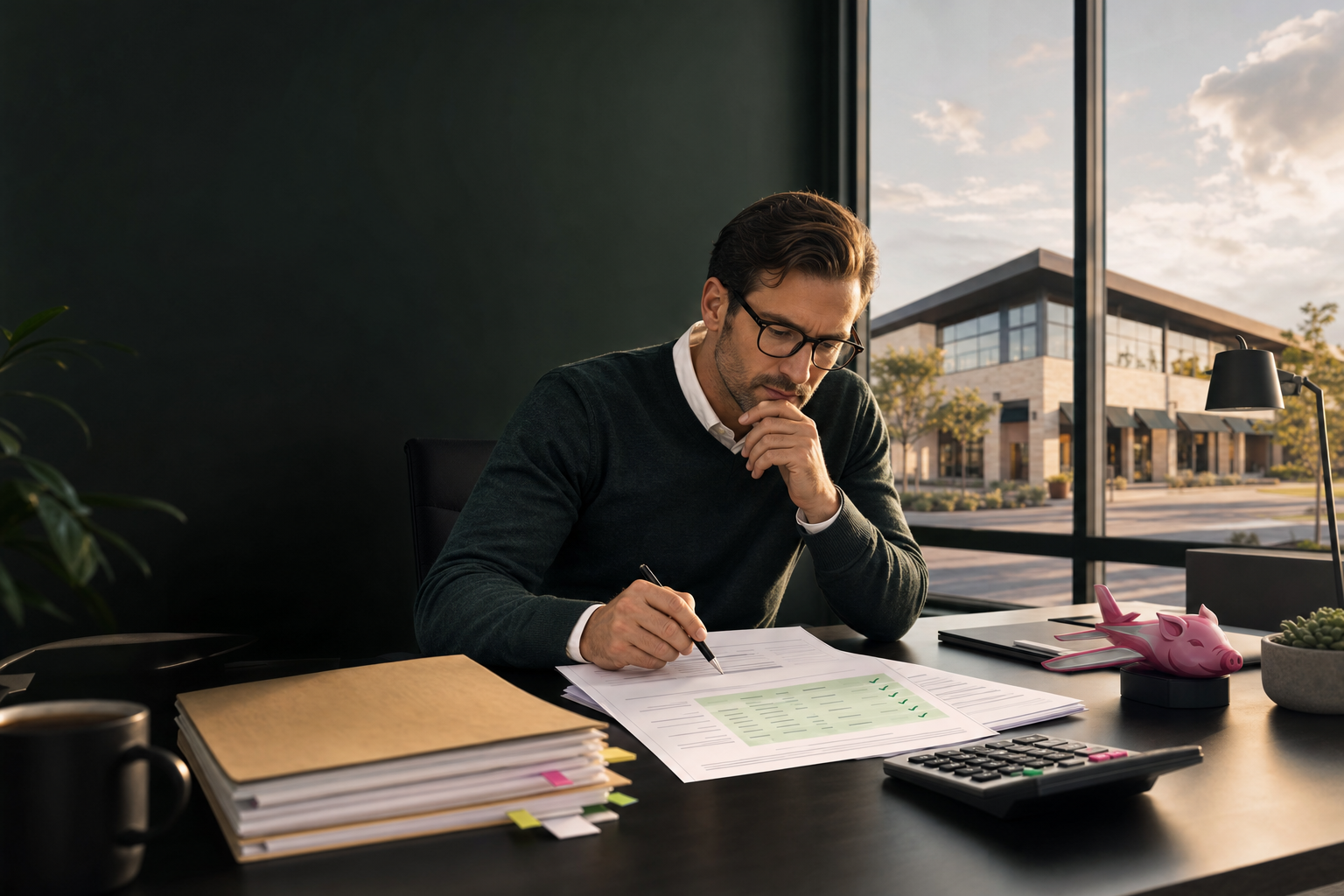 PigJet mascot reviews a commercial CAM expense ledger beside a lease abstract and audit checklist.