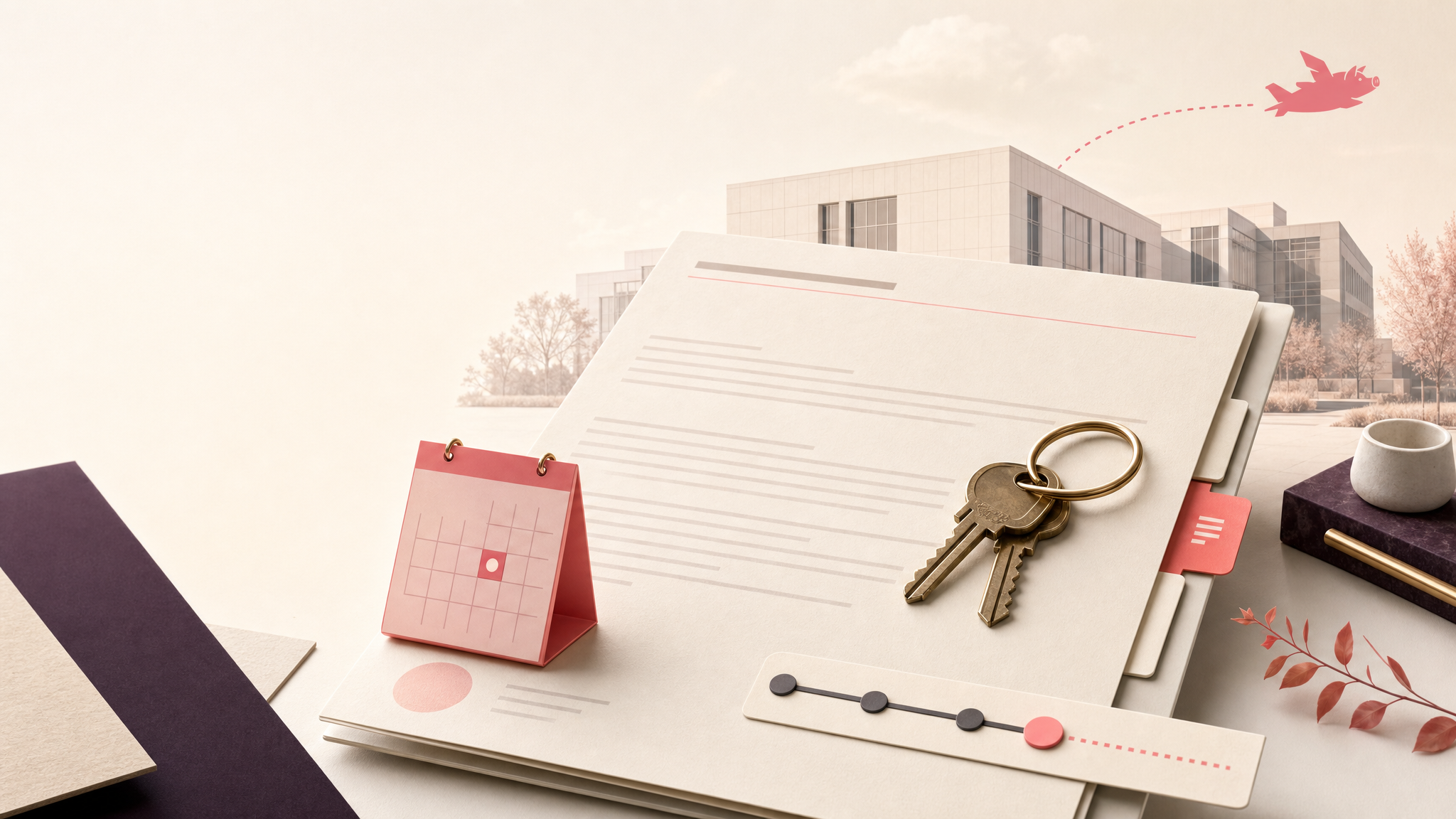 Commercial lease commencement workspace with a signed lease, key handoff, calendar, and billing checklist