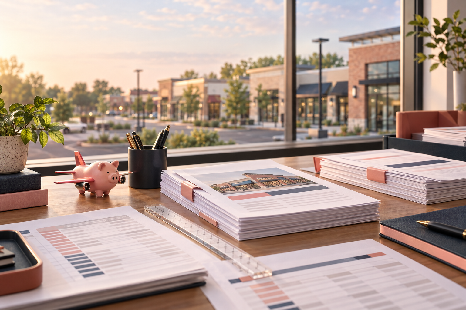 Commercial landlord reviewing expense-stop recovery records with lease documents and operating expense reports.