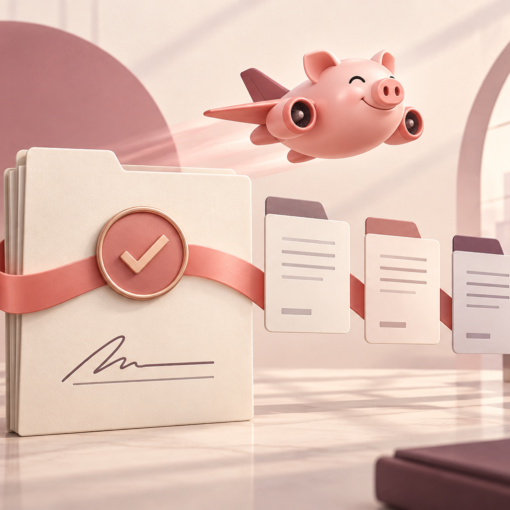 Pink pig-plane mascot above a commercial lease guaranty folder with organized document tabs, a checkmark seal, and a coral tracking ribbon.