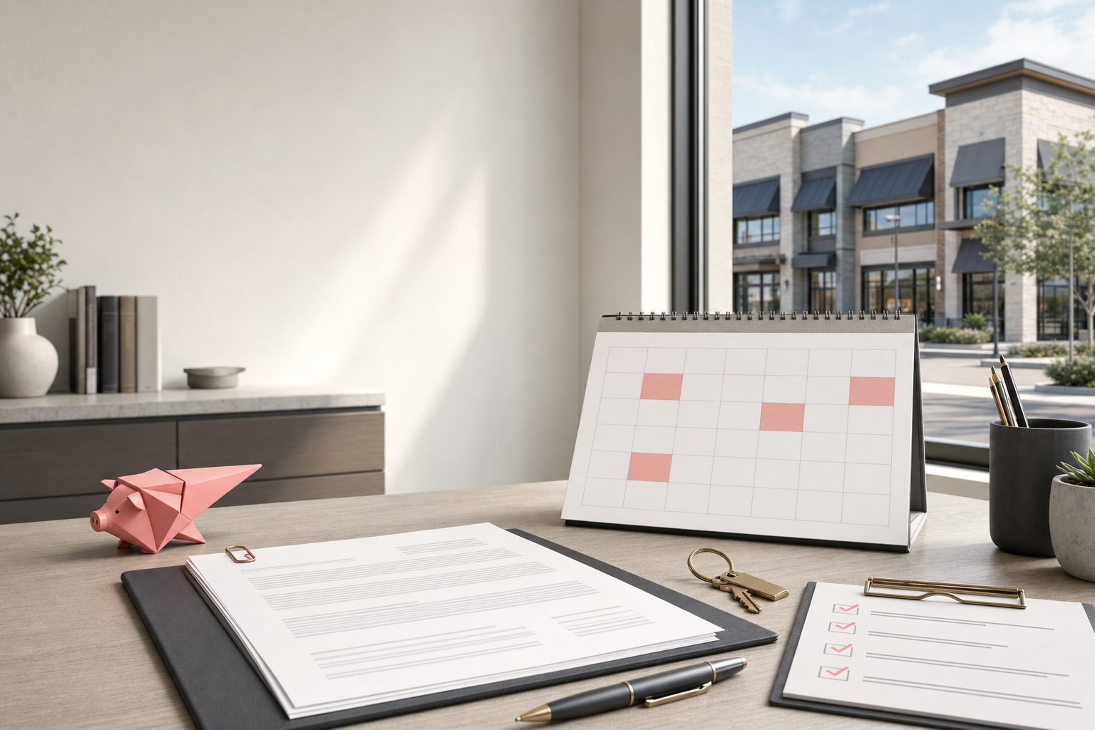 Commercial property manager reviewing a retail lease, renewal checklist, and calendar before a tenant rollover decision.