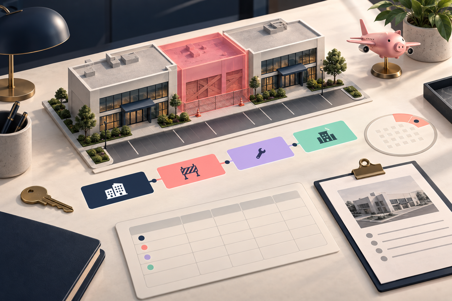 Commercial lease rent abatement tracking visual with a temporary repair closure and connected lease record markers