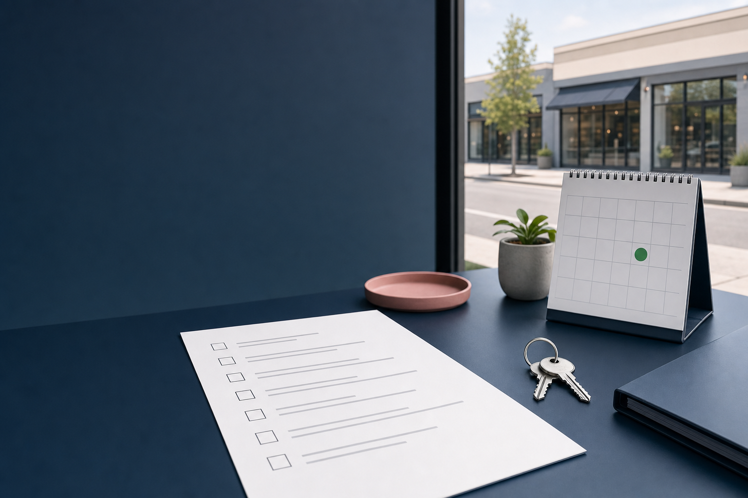 Commercial lease commencement workspace with a signed lease, key handoff, calendar, and billing checklist