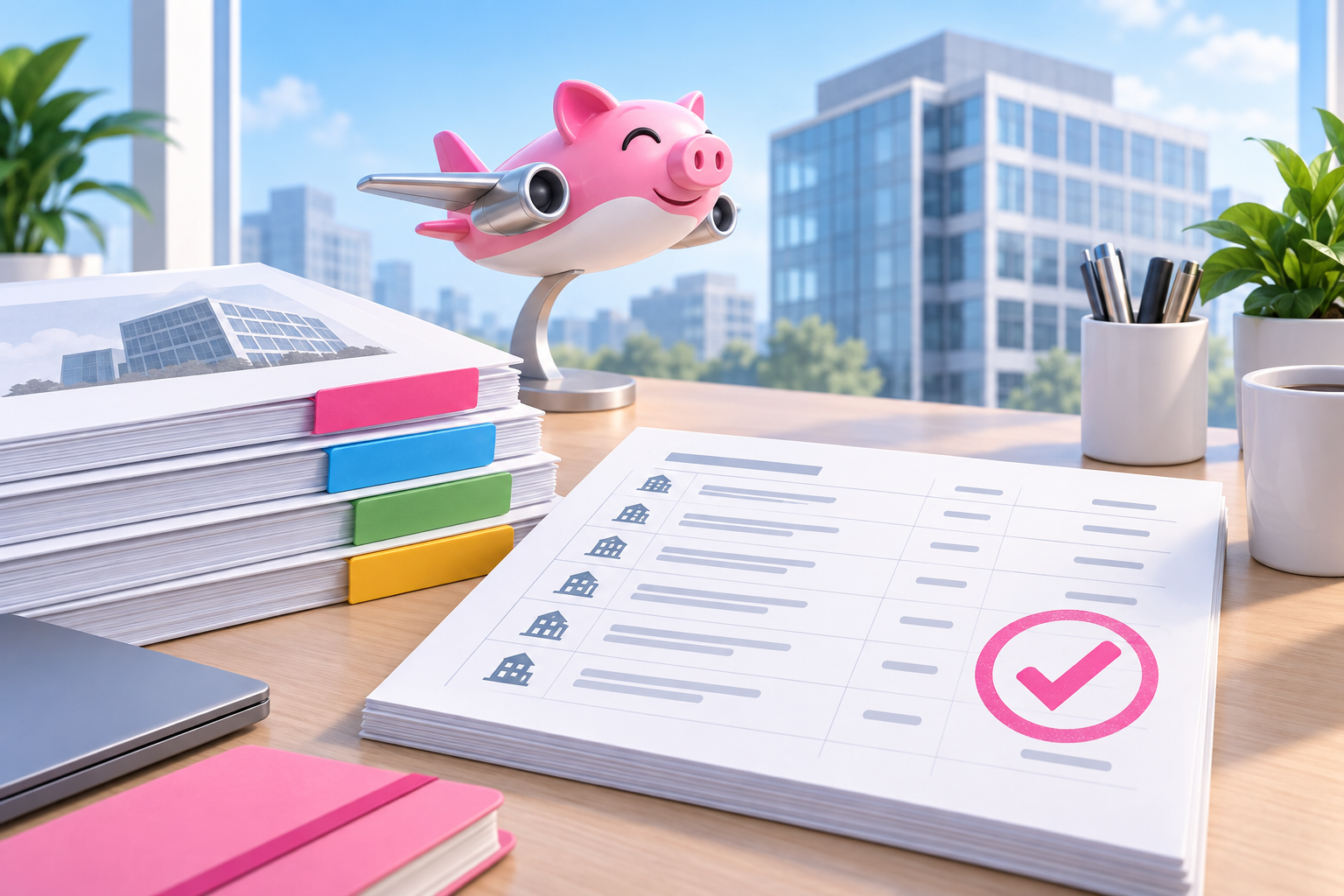 Illustration of a commercial property vendor payment ledger, vendor packet, and PigJet mascot for year-round reporting recordkeeping.