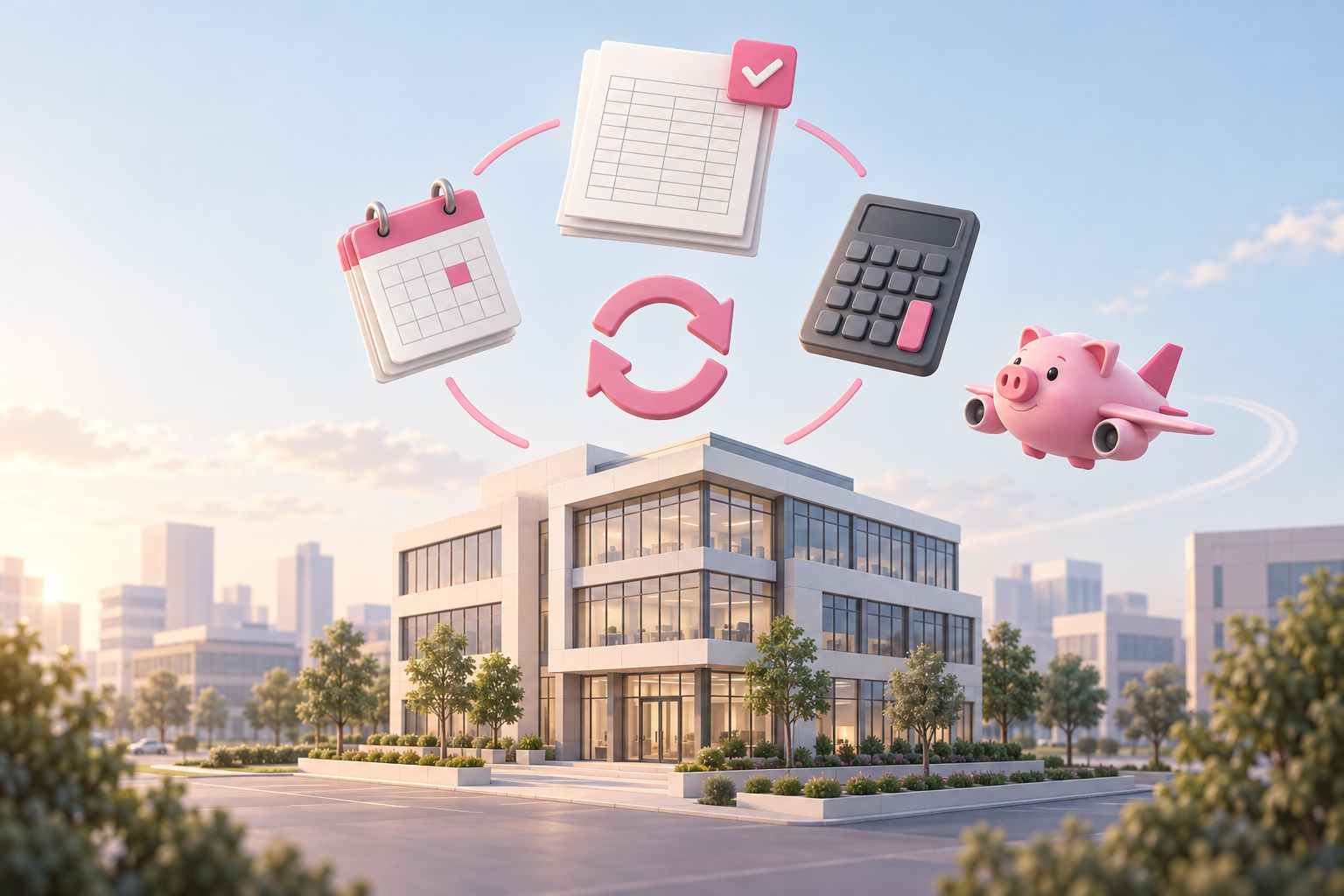 Commercial property accounting month-end close with a ledger, calendar, office building, and PigJet mascot.