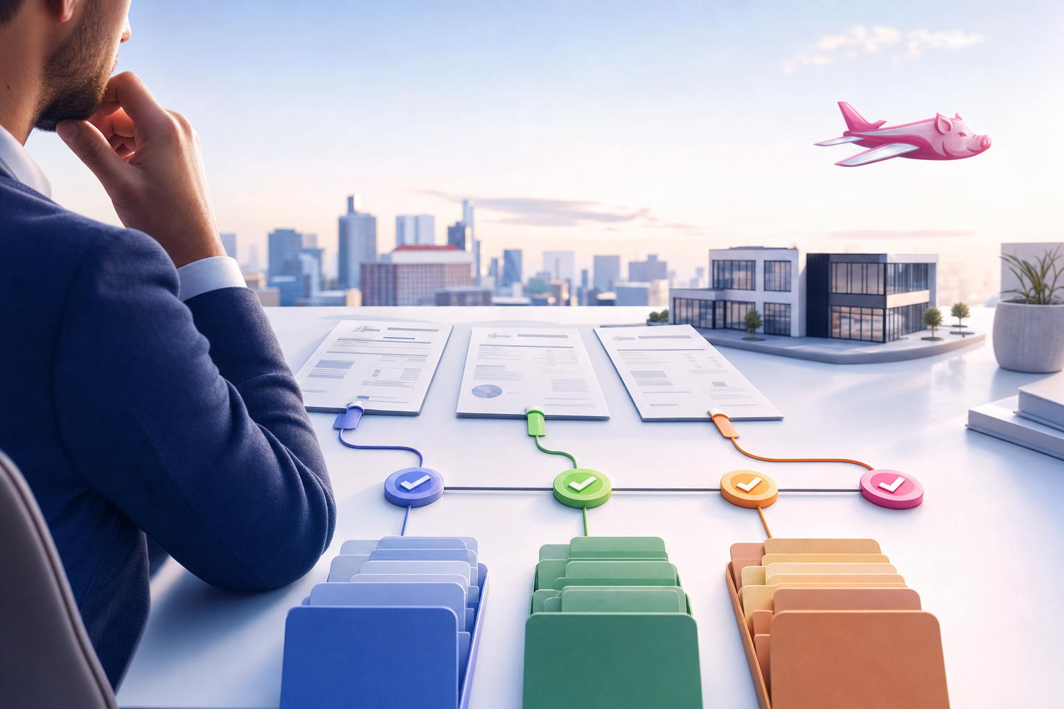 Commercial landlord reviewing vendor invoices, approval routing, and lease-aware expense coding.
