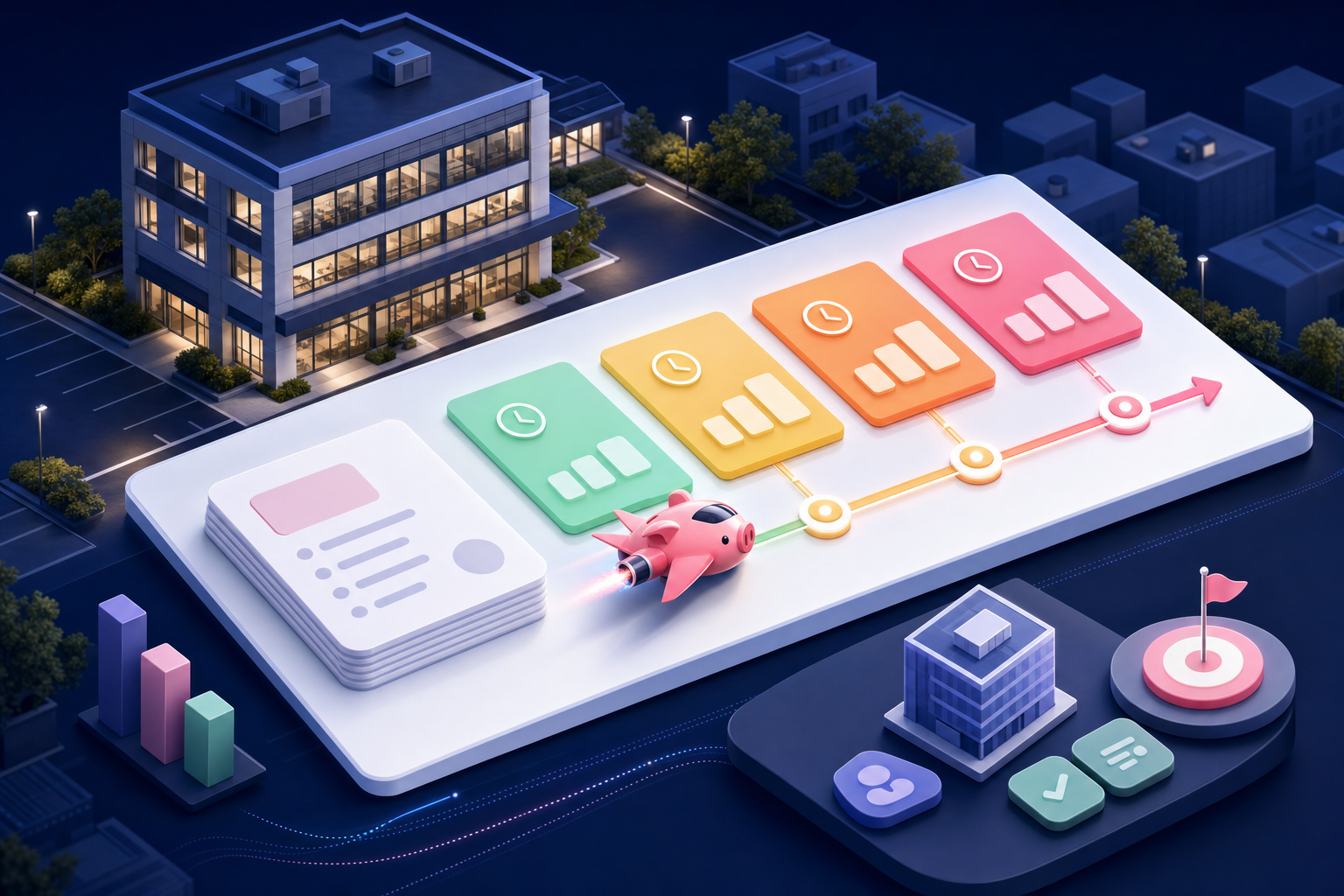 Illustrated commercial accounts receivable aging workflow with color-coded aging buckets and collection follow-up priorities.