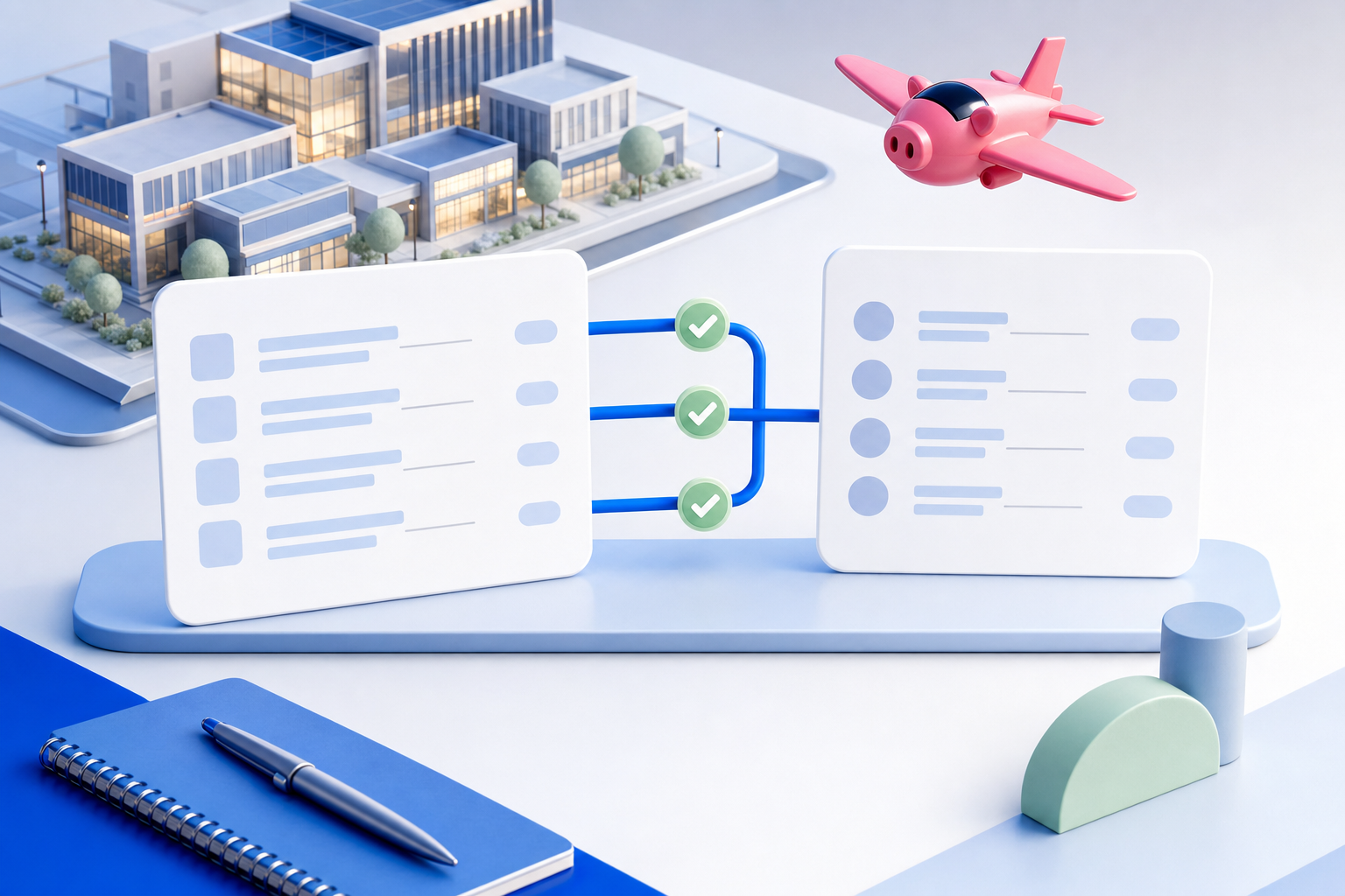 A pink pig-plane flies above a commercial property model while two abstract statement cards are connected by a blue reconciliation path with green checkmarks.