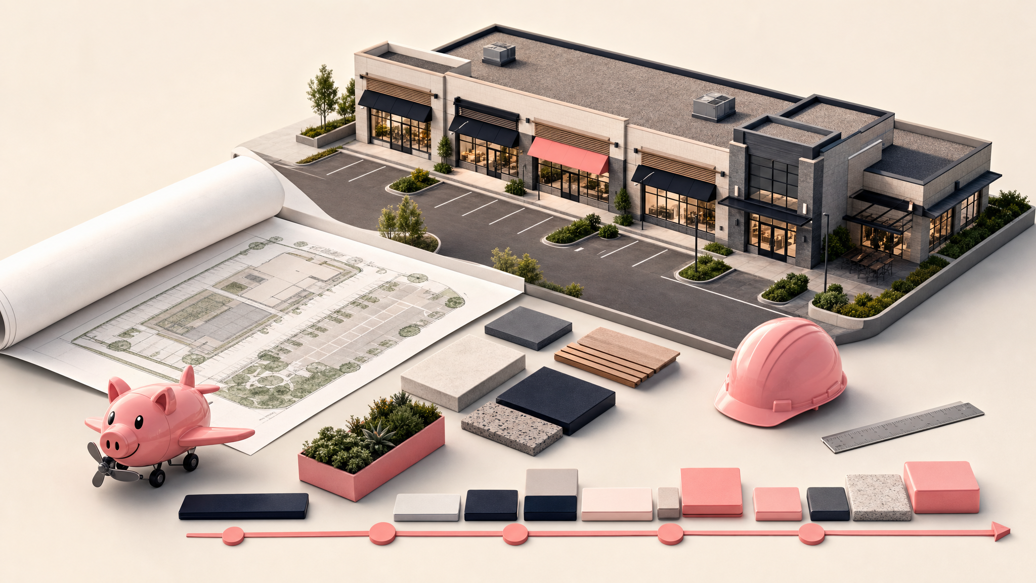 Isometric commercial retail property with a site plan, construction materials, pink hardhat, PigJet pig-plane mascot, and abstract capital budget timeline.