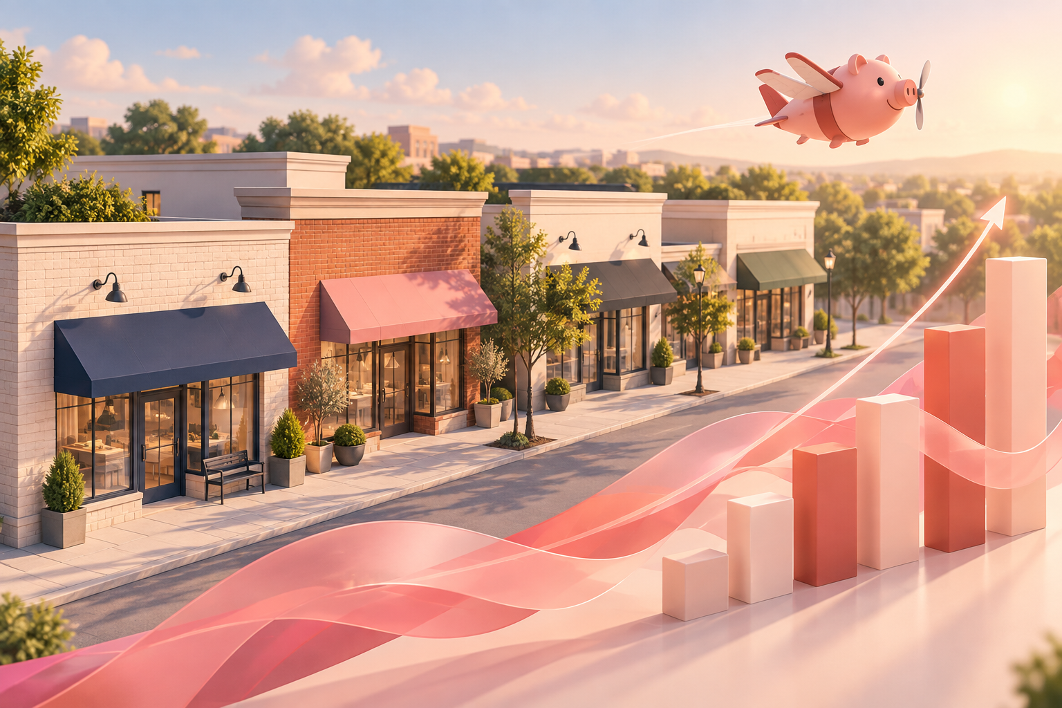 Small commercial storefronts beside a rising bar chart, with a pink pig-shaped plane flying above.