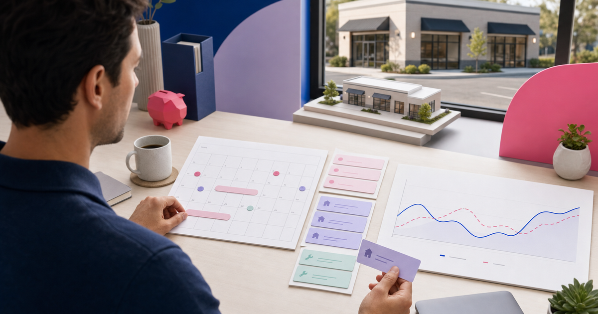 Commercial property manager reviewing a cash forecast with a calendar, forecast chart, and retail property models.