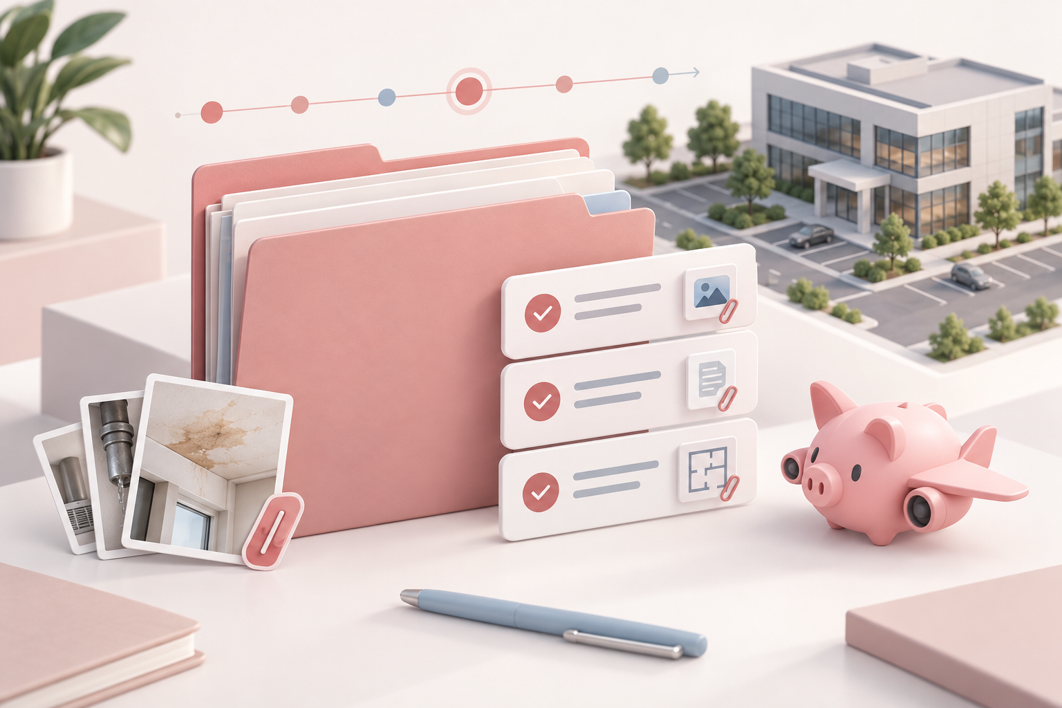 3D illustration of an incident case folder, follow-up cards, and a commercial property model for landlord documentation.