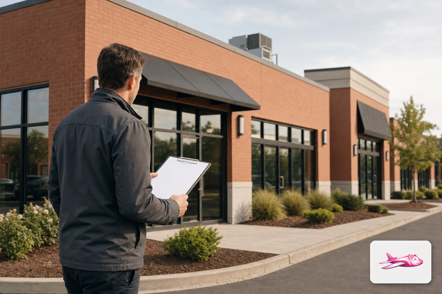 Commercial property manager inspecting a brick retail building with a clipboard