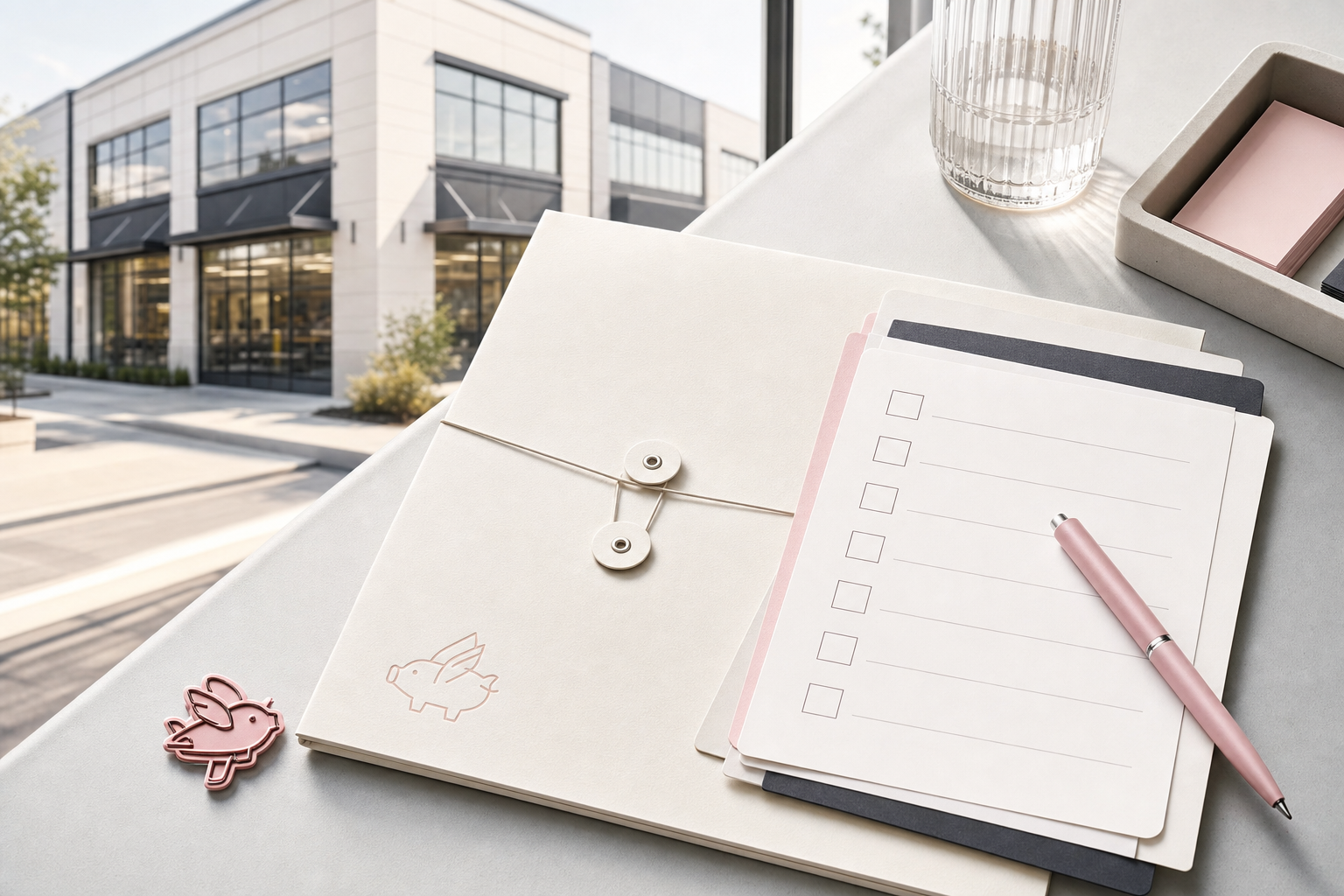 Commercial property insurance renewal workspace with a property file, policy documents, calendar, and a subtle commercial-building context.