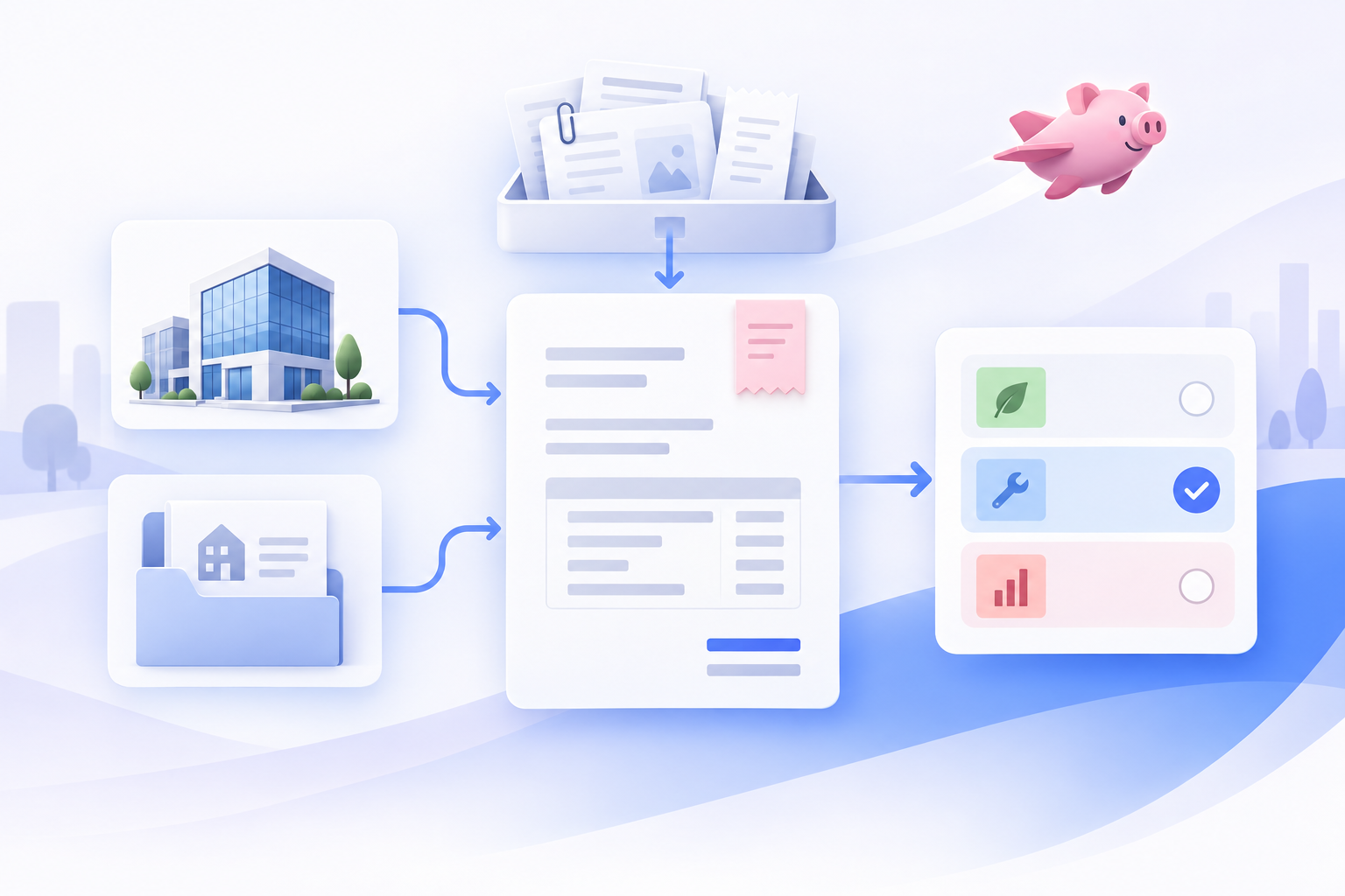 Illustration of a commercial invoice workflow connecting property records and source documents to an invoice and allocation decision.