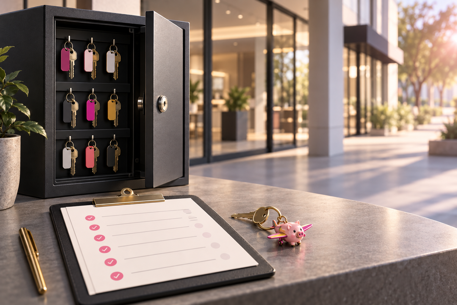 Commercial property manager reviewing a key custody checklist beside labeled keys, an access log, and a PigJet pig-plane charm.