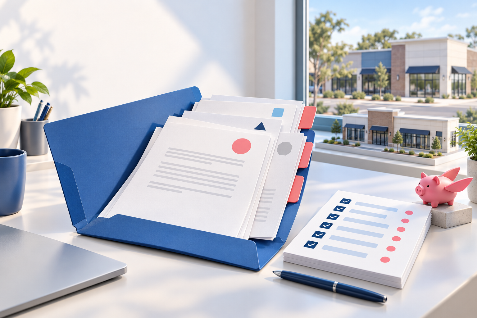 Commercial landlord payment-control workspace with organized lien-waiver documents, an invoice register, and PigJet's pig-plane figurine.
