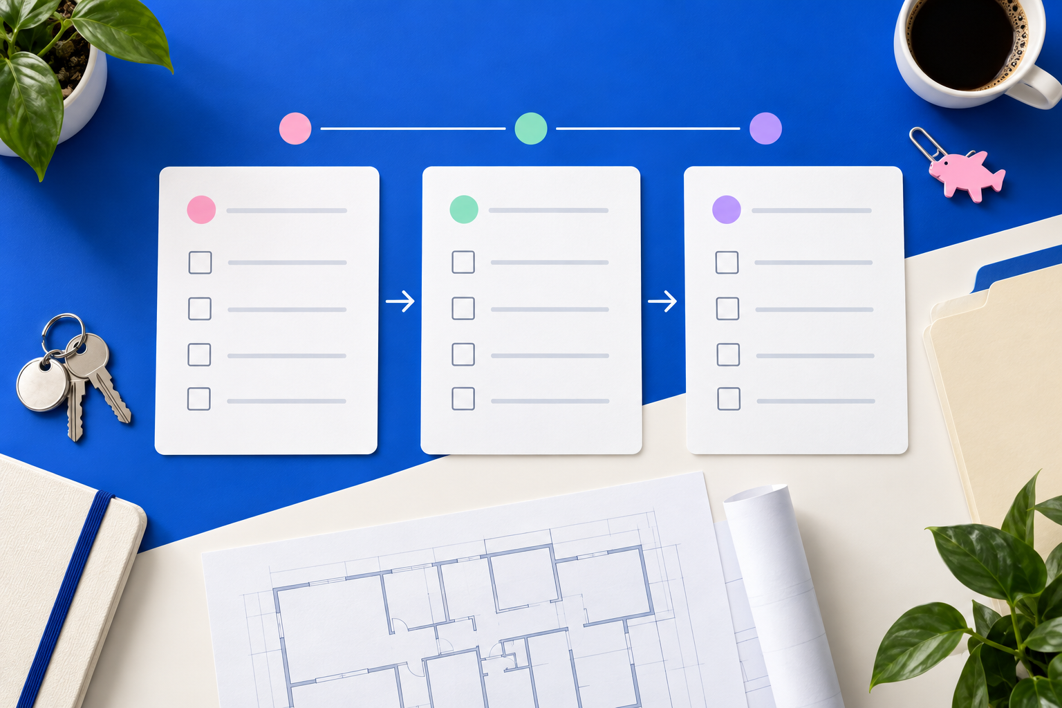 Abstract blue and warm-white illustration of a commercial property software implementation workflow.