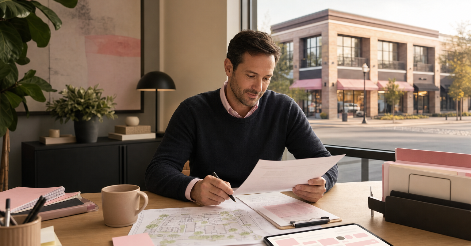 Small commercial property owner reviewing lease and maintenance documents at a desk, with a mixed-use building visible outside.