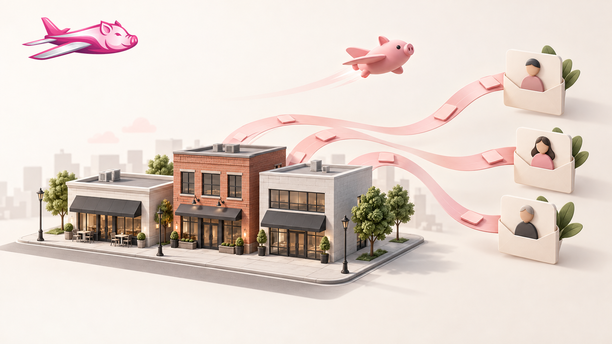 Illustration of commercial buildings with a clearly tracked owner distribution payout flow.