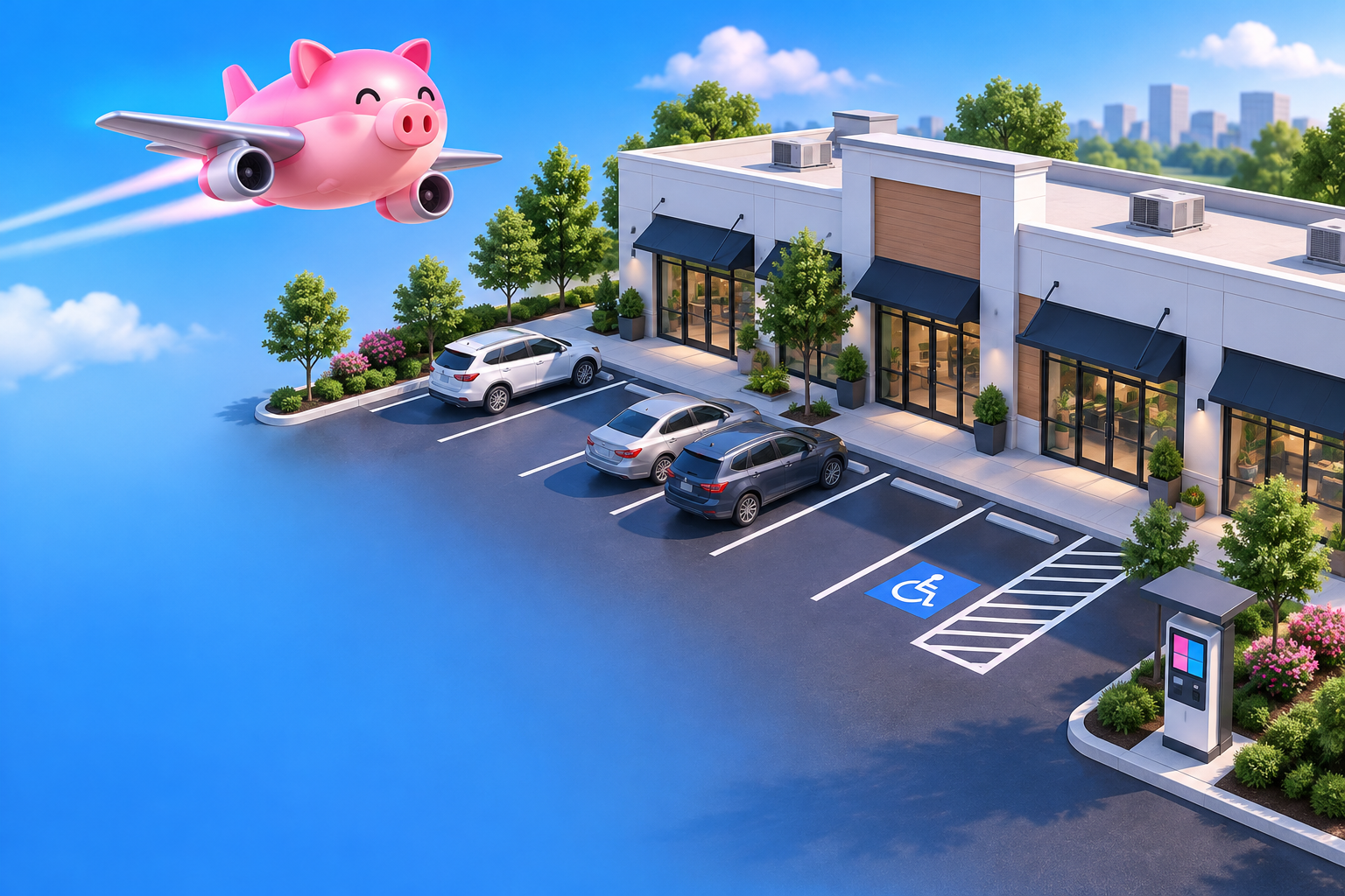 Illustration of an organized commercial parking lot with the PigJet pig-plane mascot.