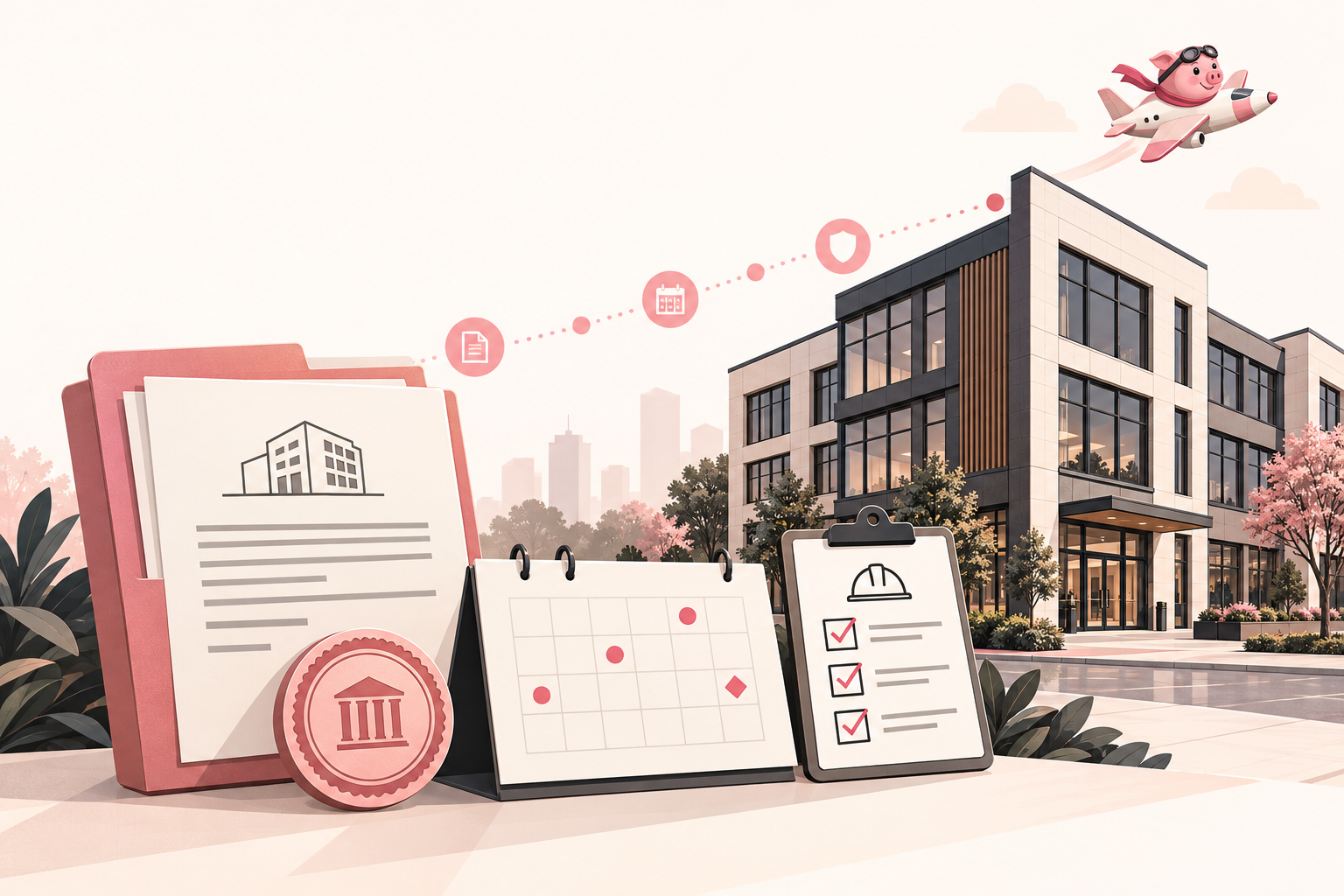 Commercial property permit and license tracking workflow with a building, compliance records, calendar, and inspection checklist.
