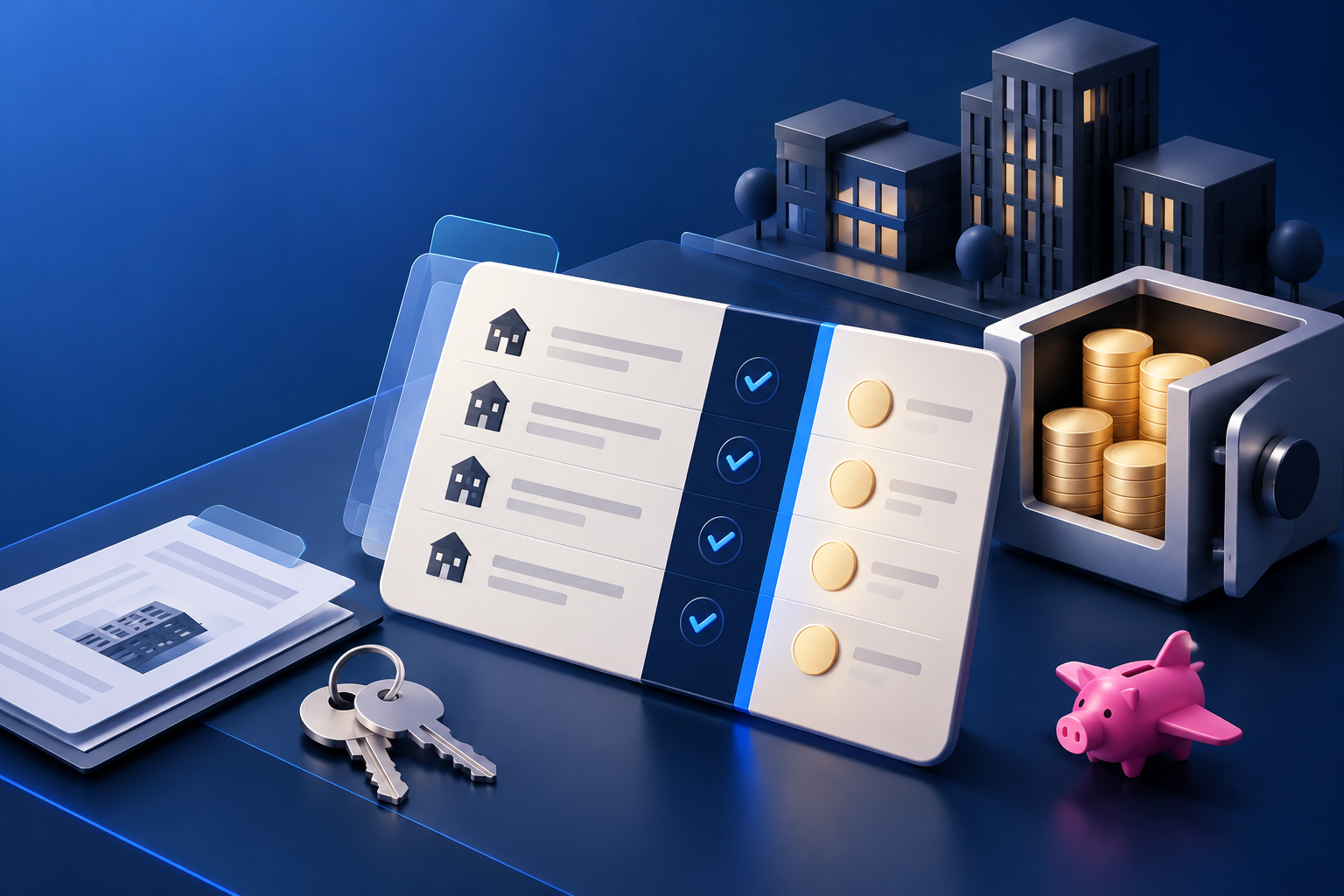 Illustration of a commercial security-deposit ledger reconciled with held funds and active leases.