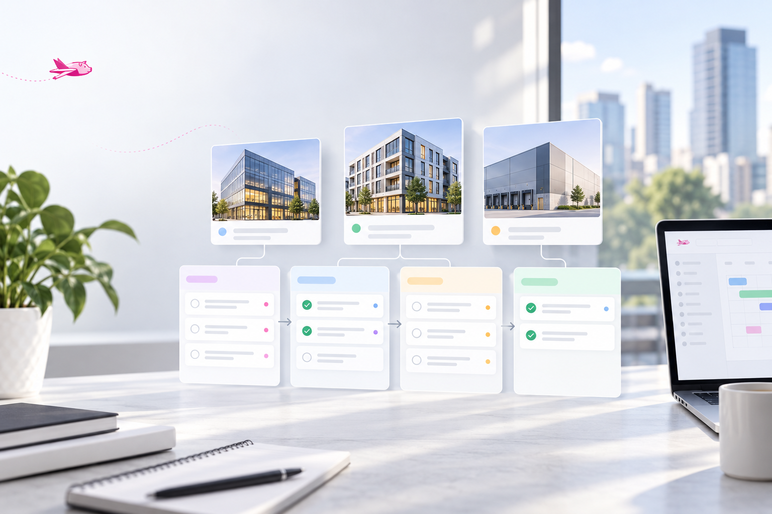 Commercial property task board connecting office, multifamily, and industrial assets to assigned workflow stages.