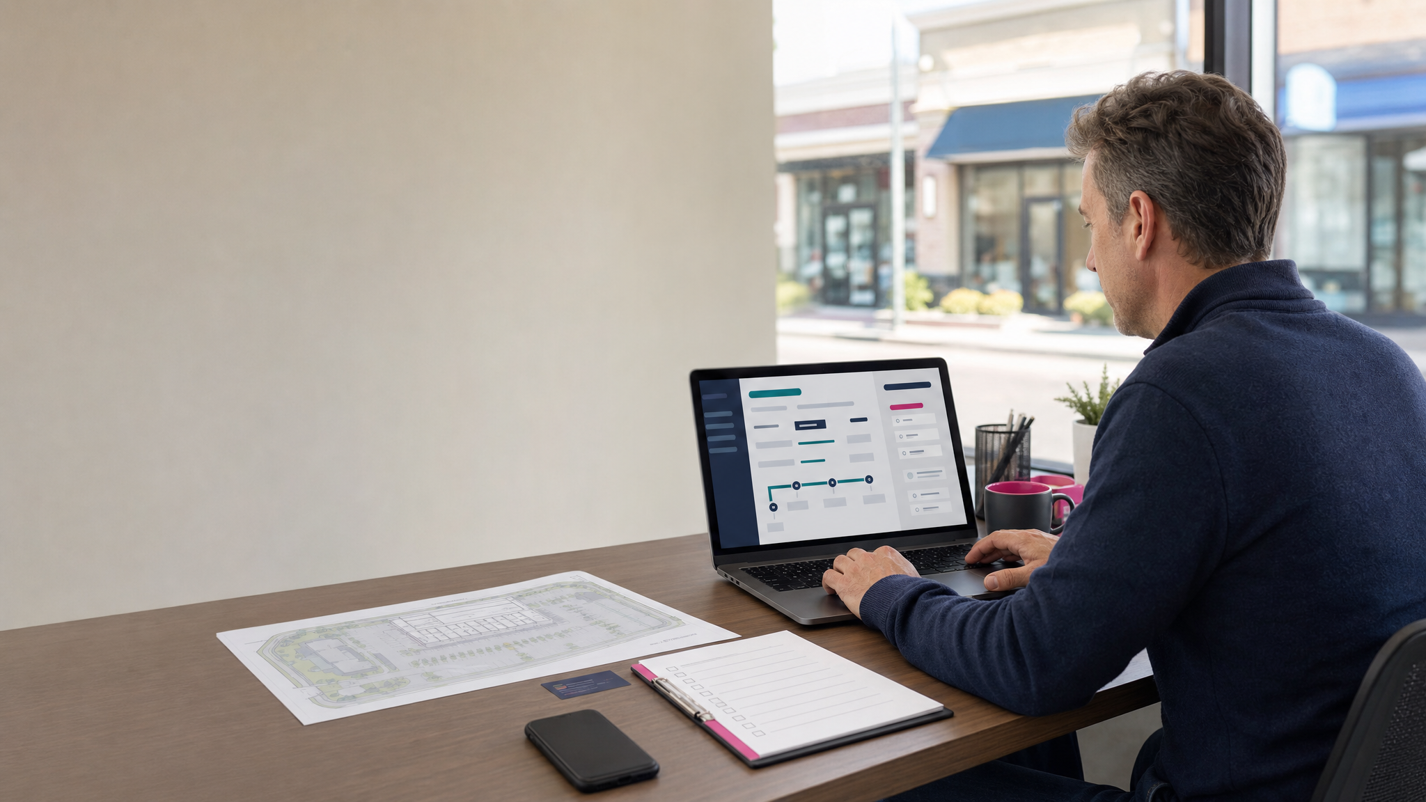 Commercial landlord reviewing a maintenance work order and vendor schedule for a small retail property.