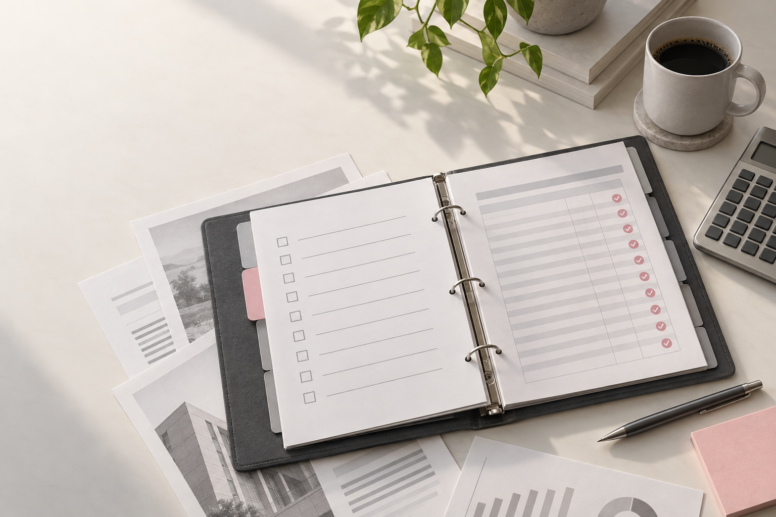 A commercial property year-end close binder with a blank checklist, reconciled ledger, source documents, and calculator.