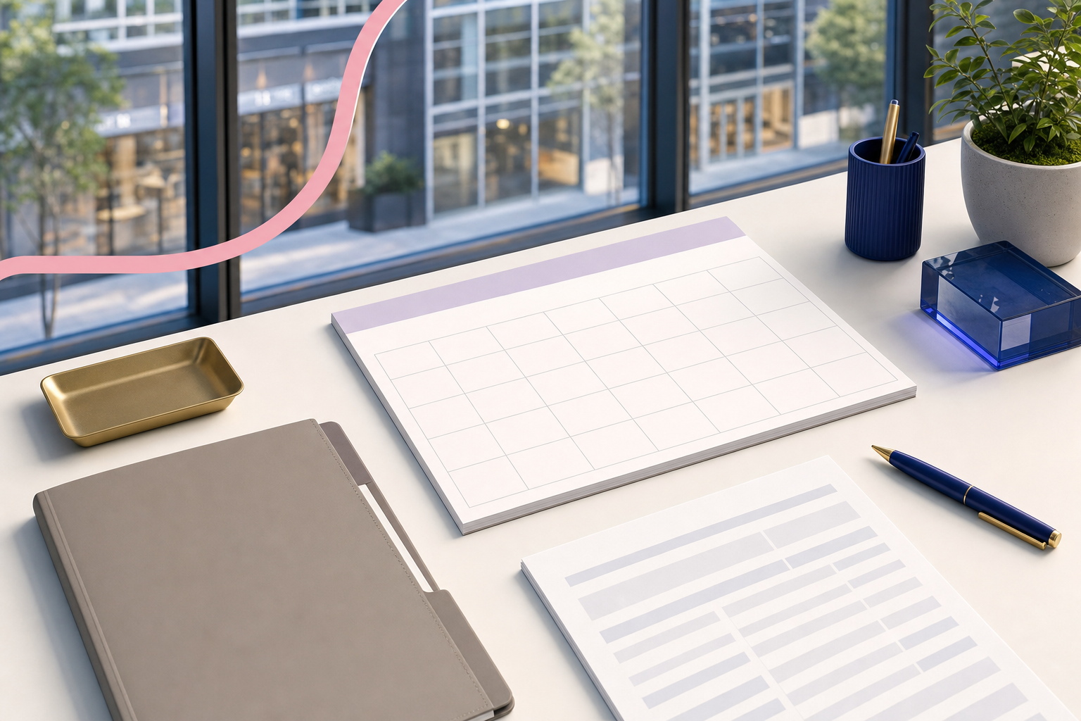 Commercial rent collection workspace with a calendar, ledger, lease folder, and payment records