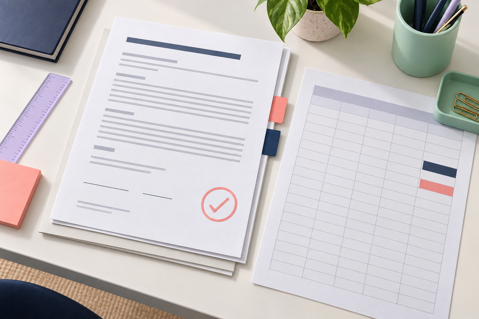 Commercial landlord desk with a lease folder, tenant ledger adjustment, calendar, and approval checklist.