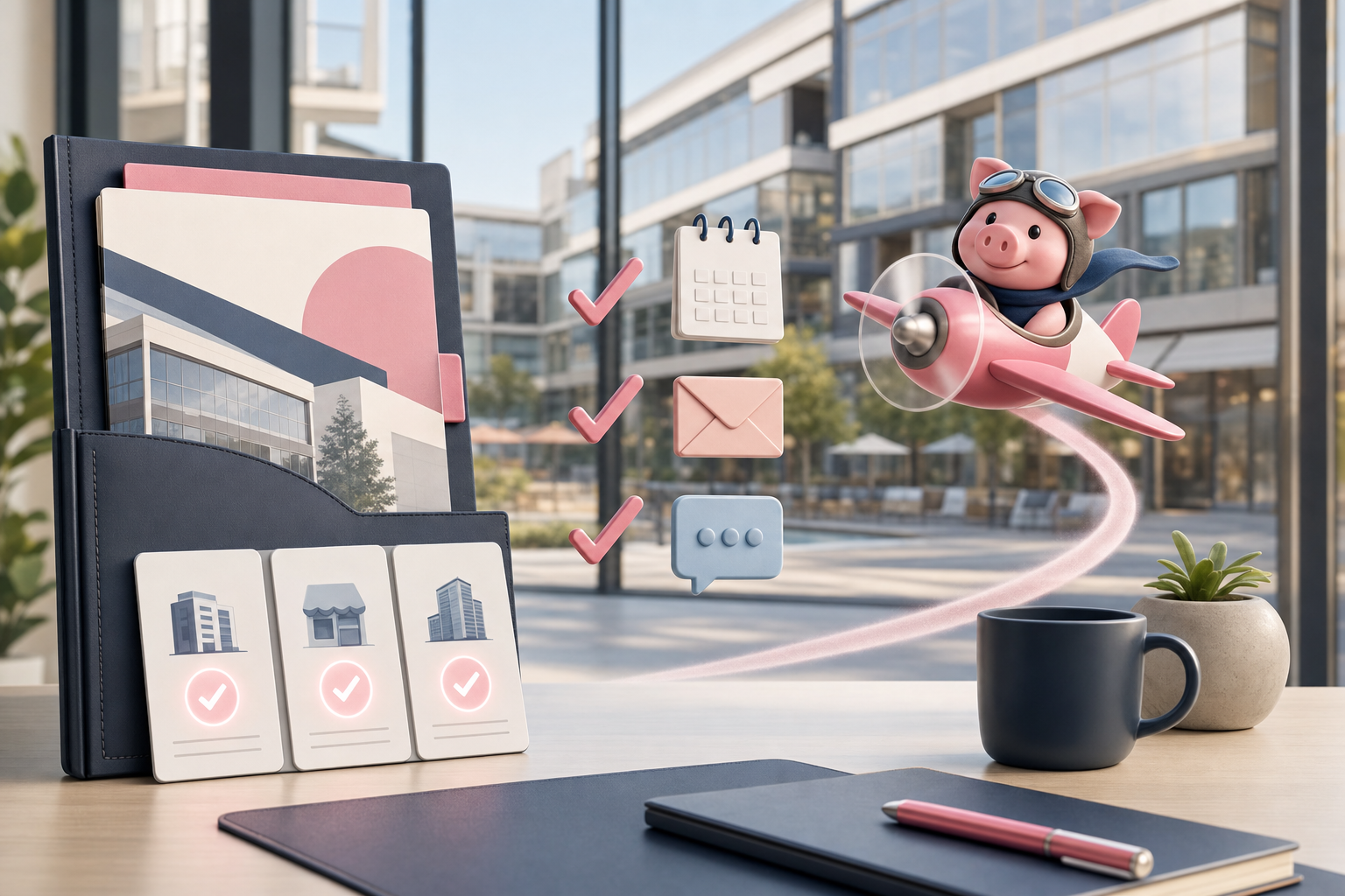 PigJet mascot at an organized desk with a commercial lease, rent ledger, dated tenant correspondence, and checklist.