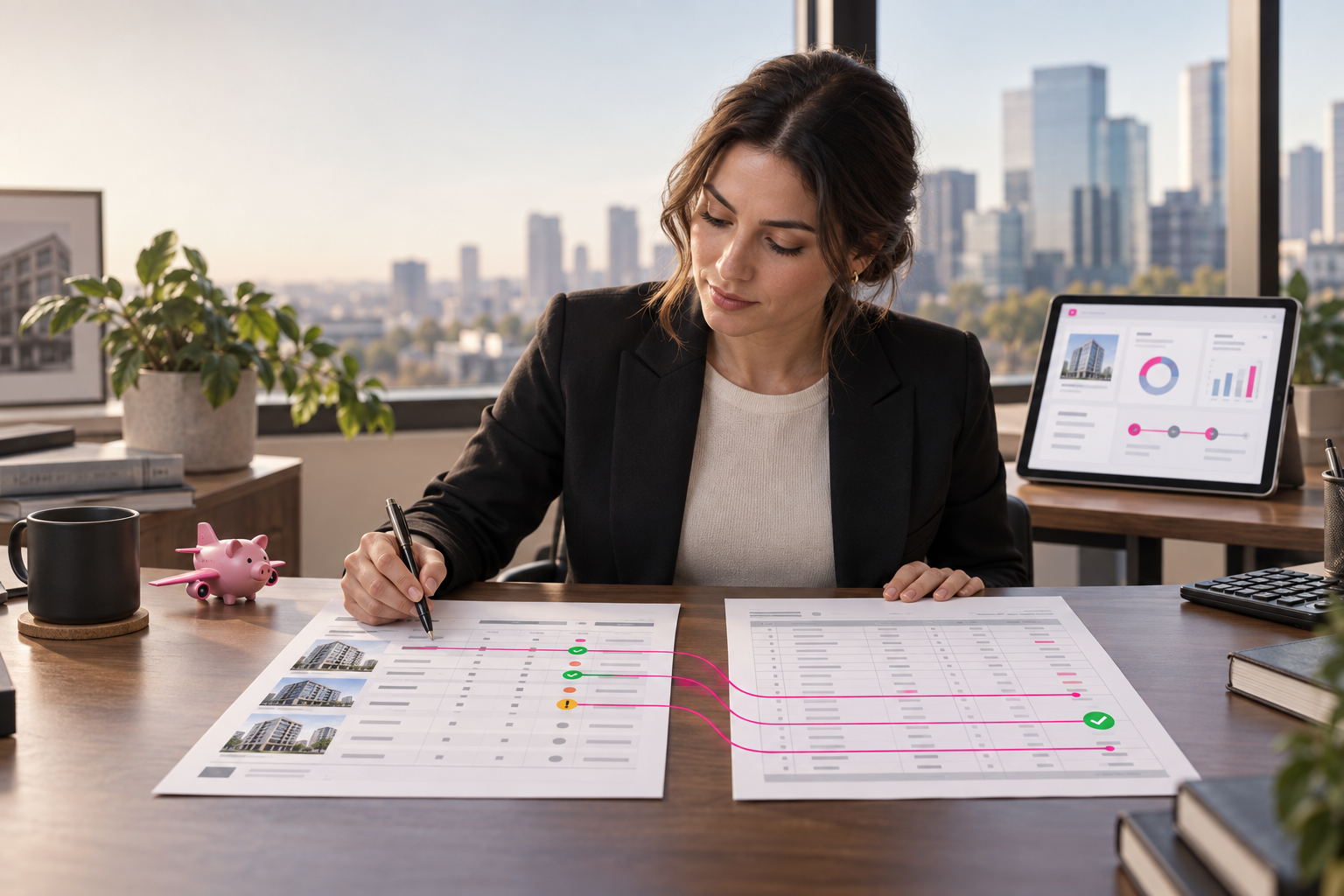 Commercial rent roll and general ledger reconciliation workspace with PigJet branding.