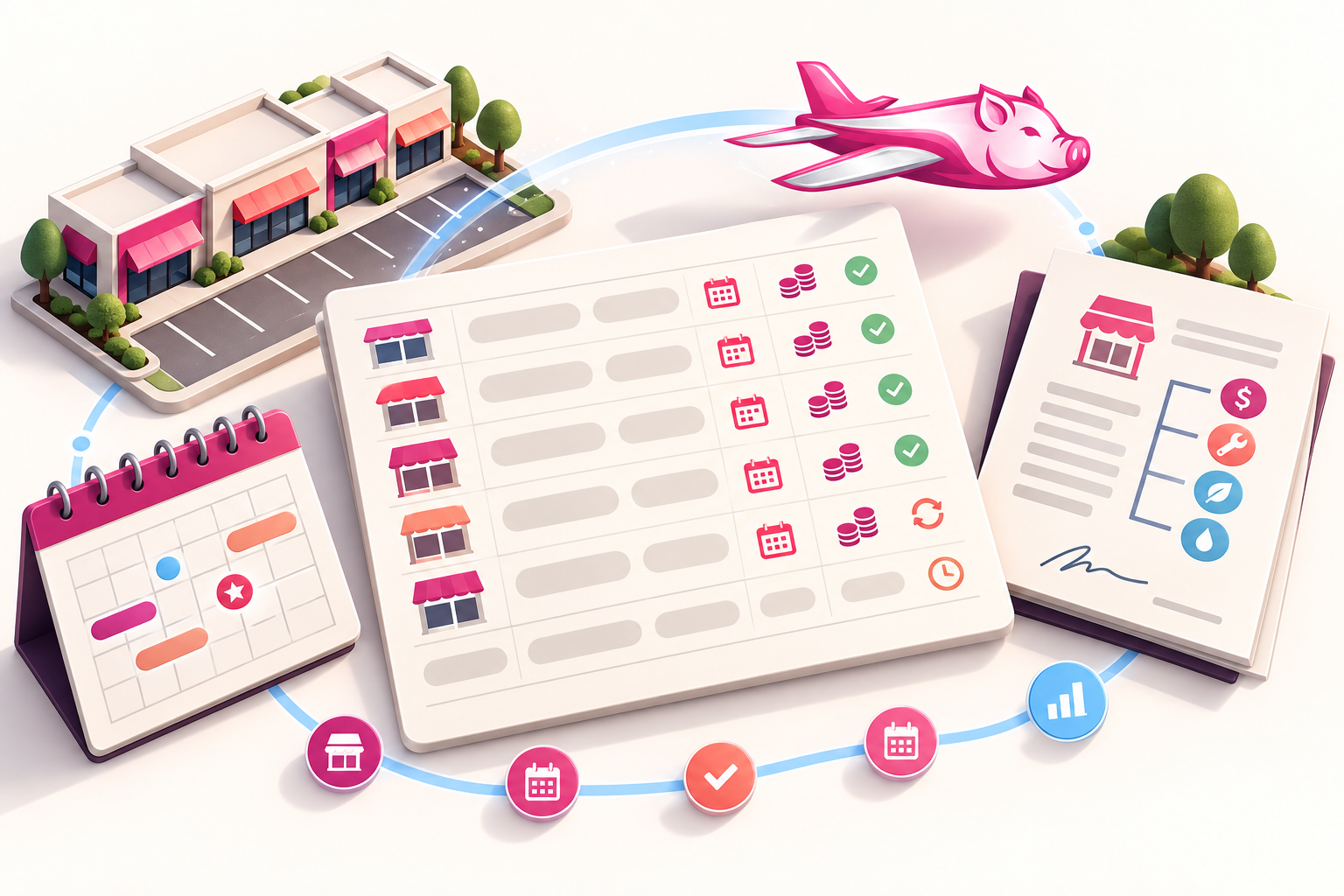 Illustration of a commercial rent roll connected to lease terms, recurring charges, schedules, and source documents.