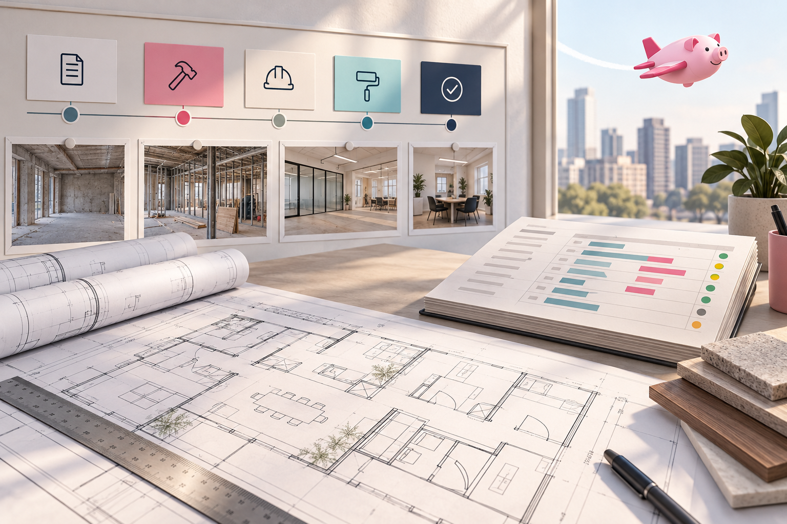 Commercial tenant-improvement project board with construction plans, budget milestones, and an approved completion checkmark.