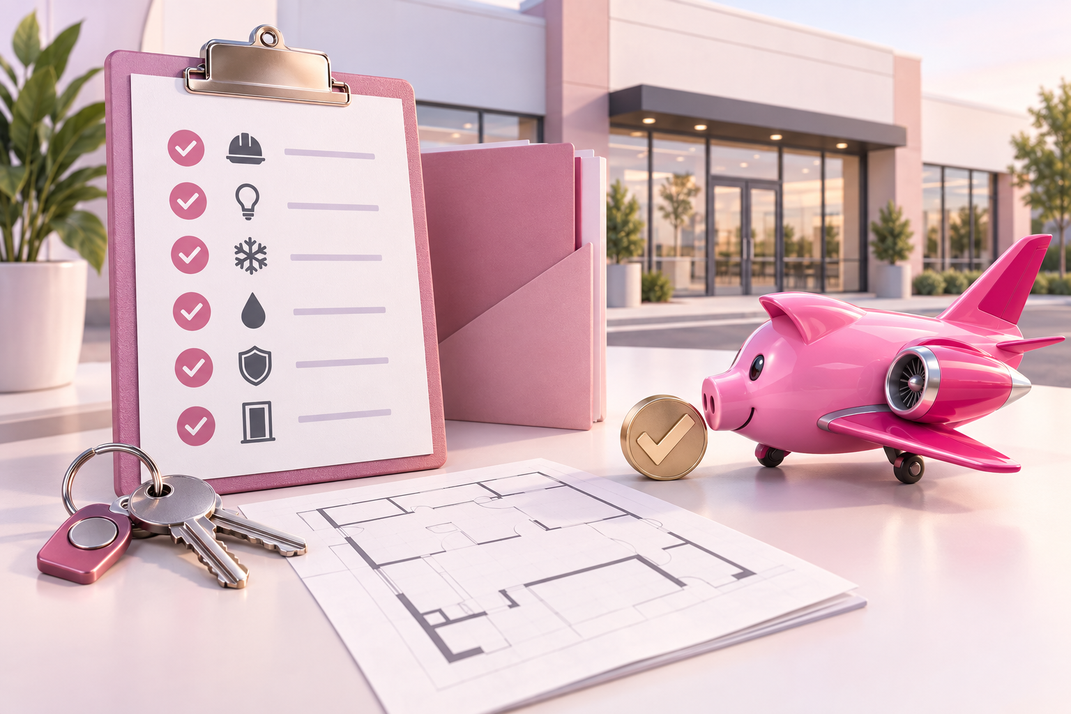 PigJet mascot at a commercial tenant possession handoff with keys, an access fob, a checklist, and a floor plan.