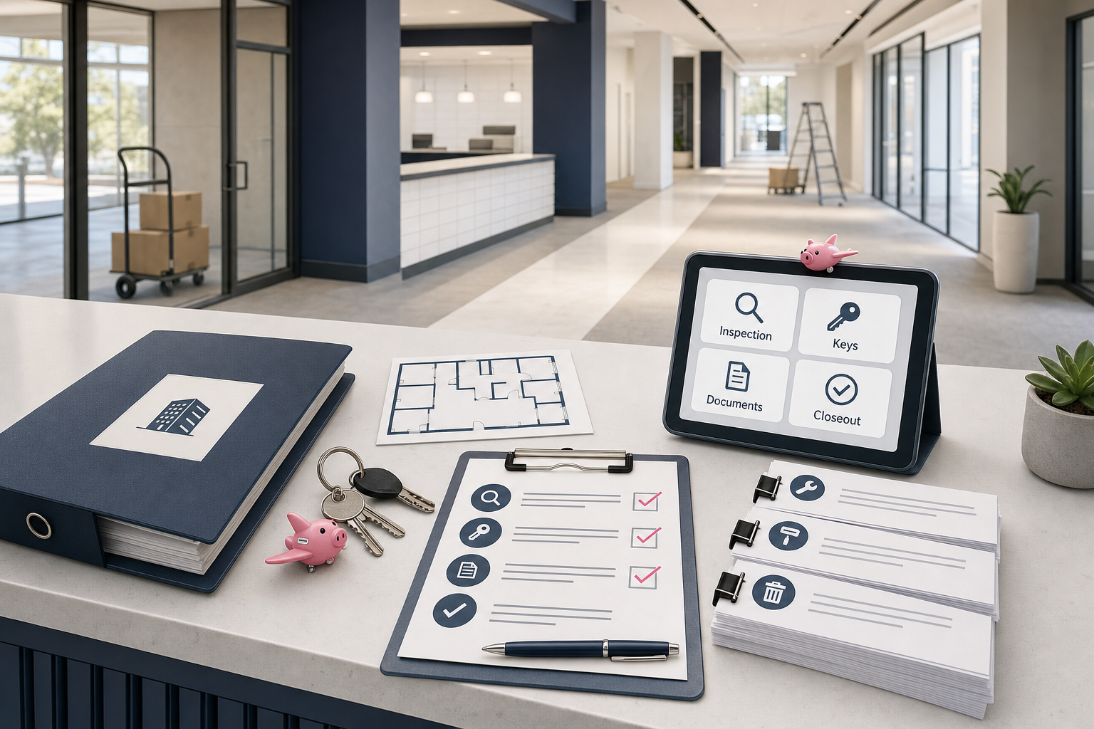 Commercial property closeout scene with an inspection checklist, keys, lease documents, and a vacant suite prepared for handoff.