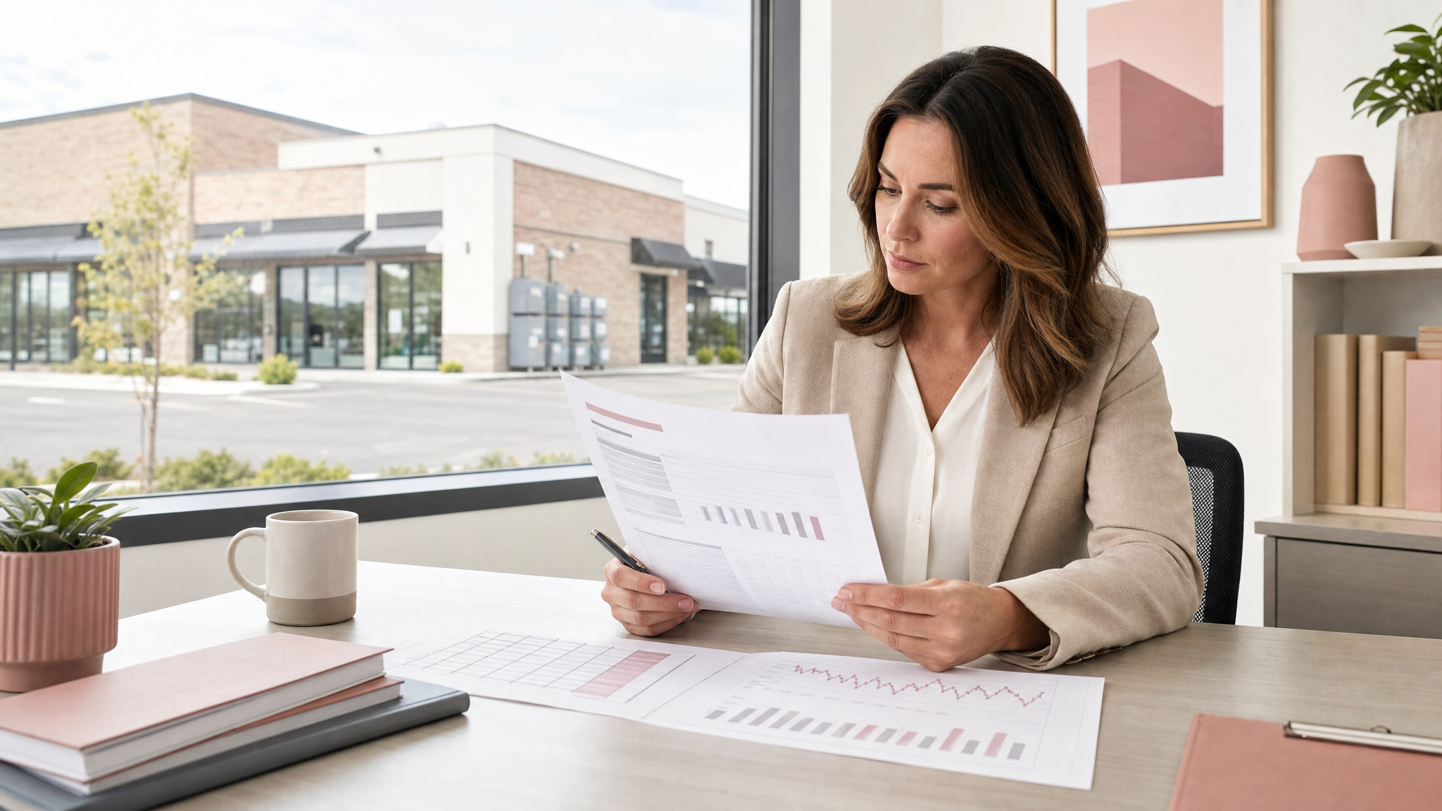 Commercial landlord reviewing a signed lease, utility invoice, meter record, and billing checklist