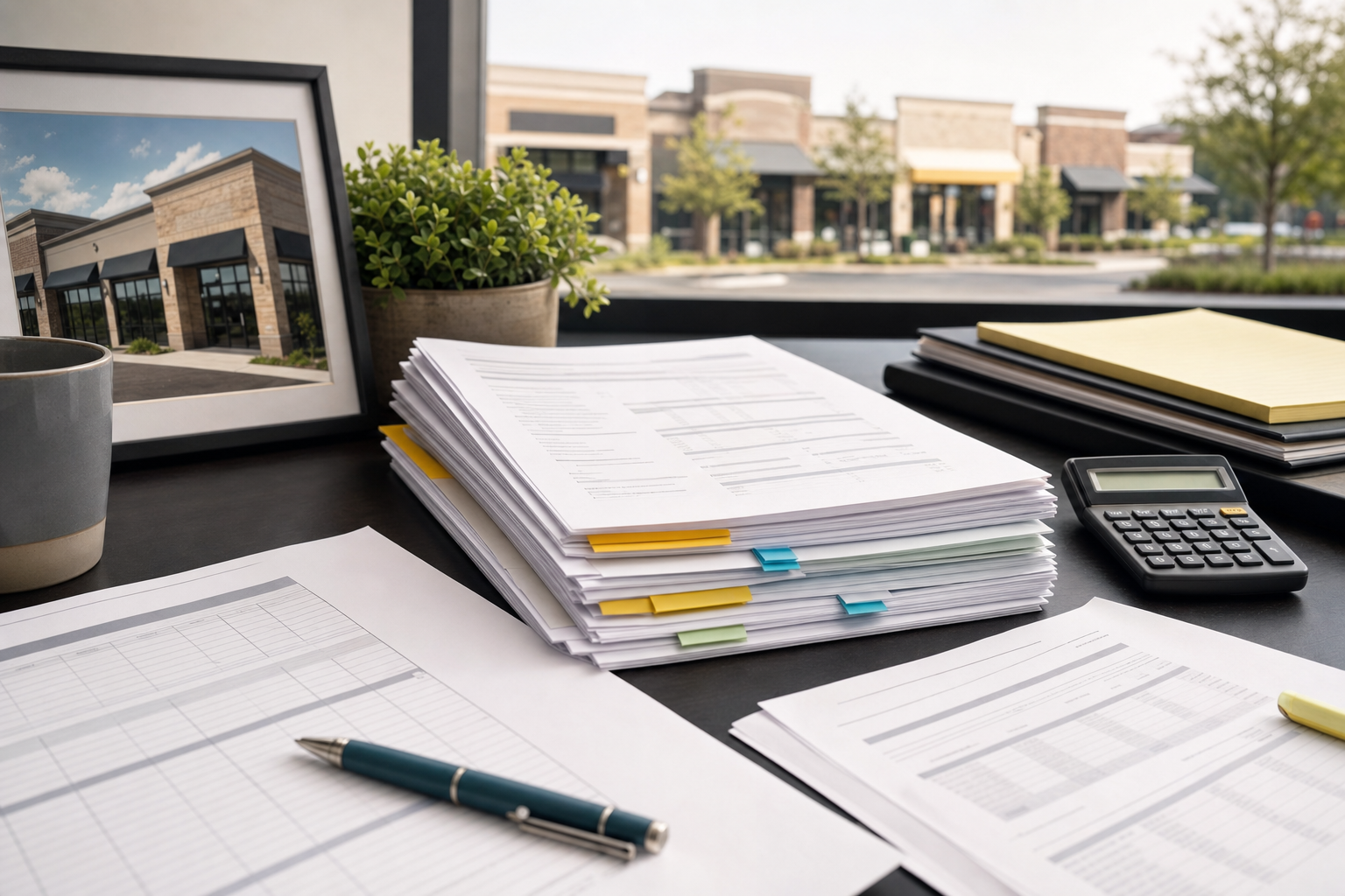 Retail property and CAM reconciliation documents on a landlord operations desk.