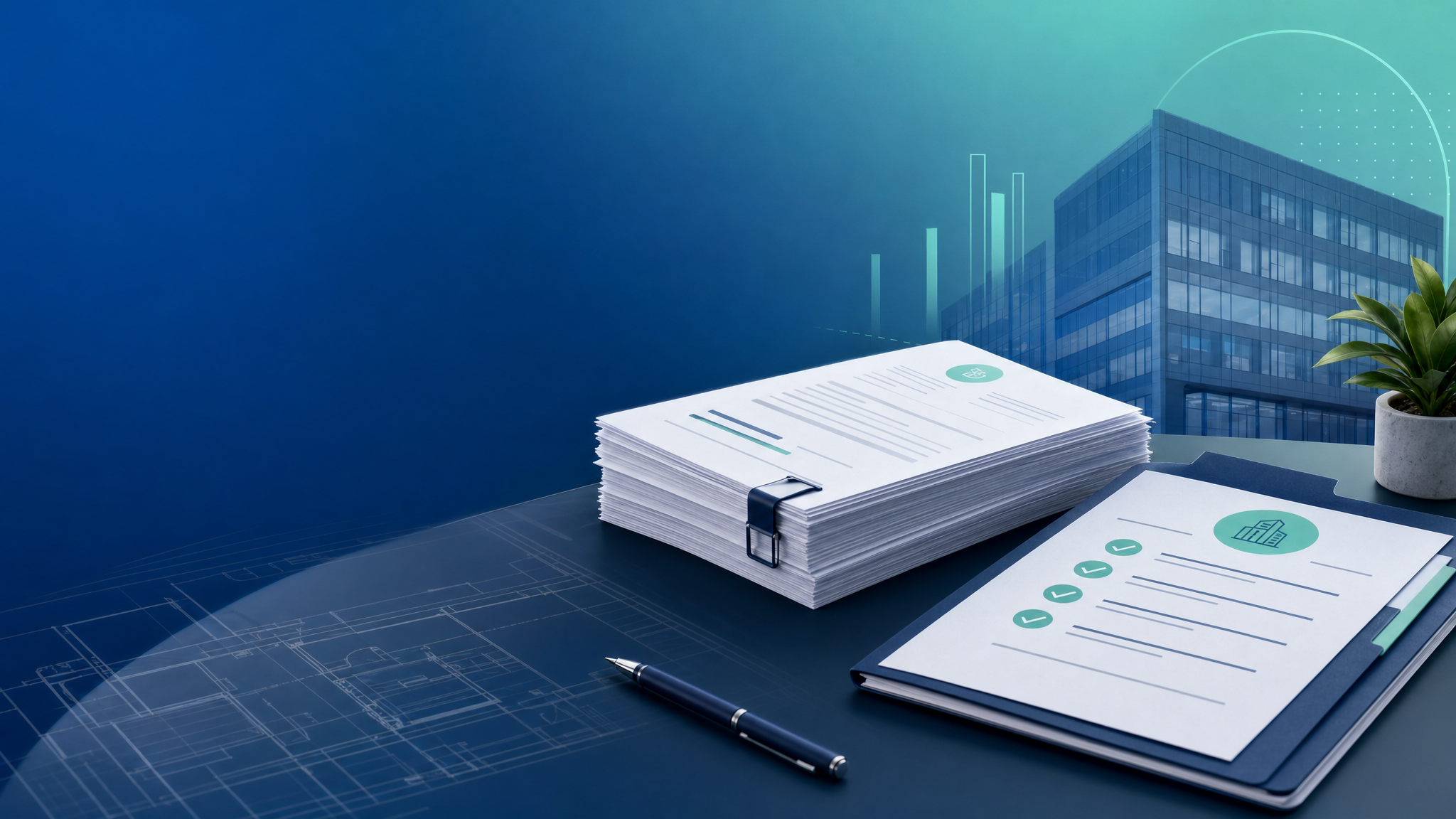 Organized commercial lease paperwork and checklist folder on a desk with a subtle office-building backdrop.