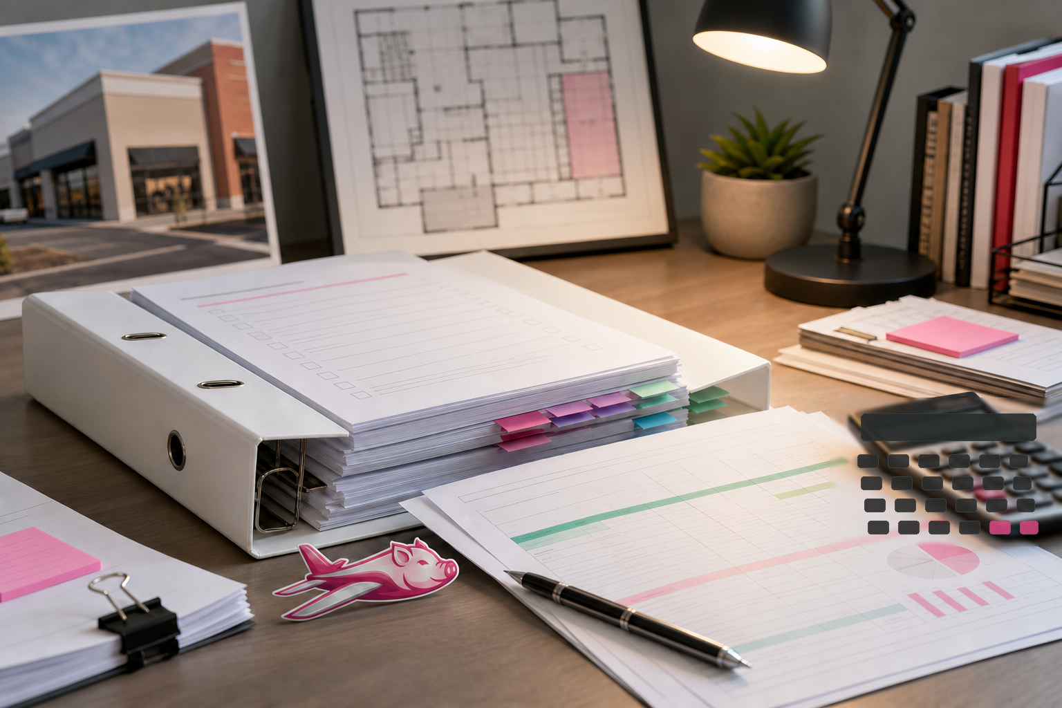 Commercial landlord desk with lease abstraction checklist, calculator, and CAM billing worksheet for an NNN retail property.