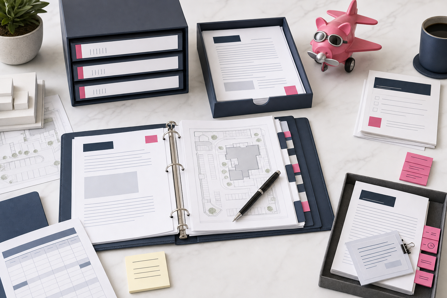 Organized commercial landlord desk with NNN lease folders, amendment packet, CAM notes, insurance record, and calculator.