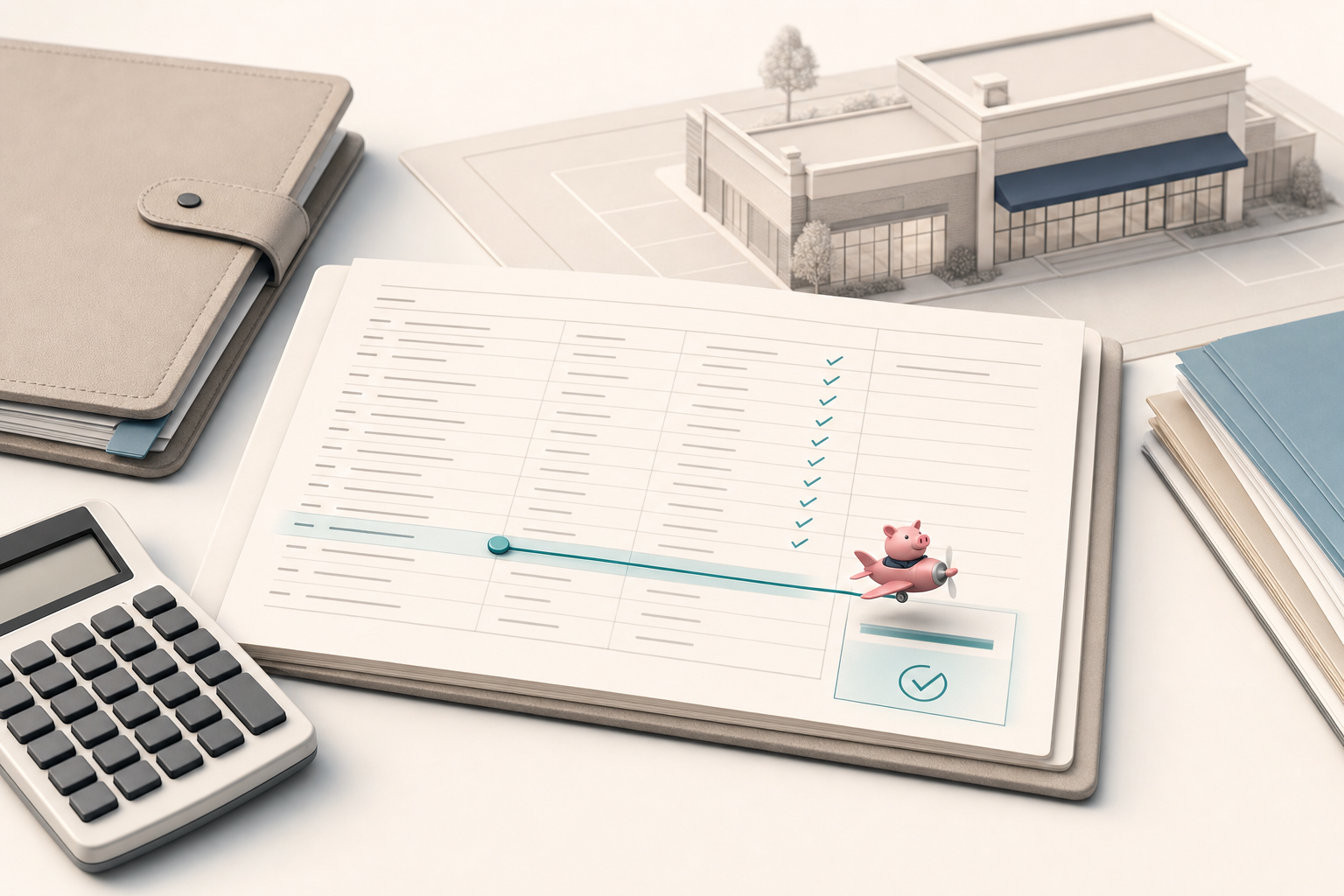 Expense ledger, lease folder, calculator, and retail storefront plan arranged for a commercial property month-end review.